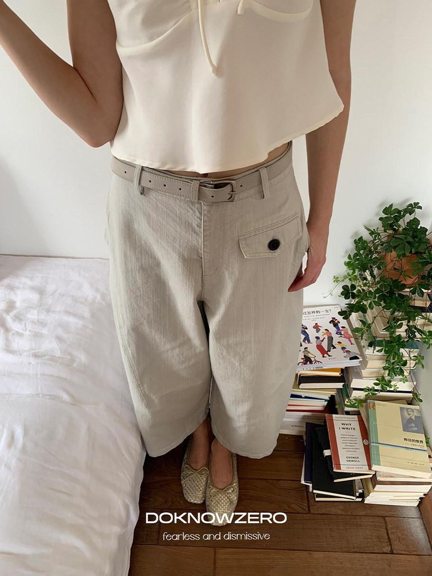 DKZ OFFICIAL Washed Cargo Belted Loose Retro Straight Women&