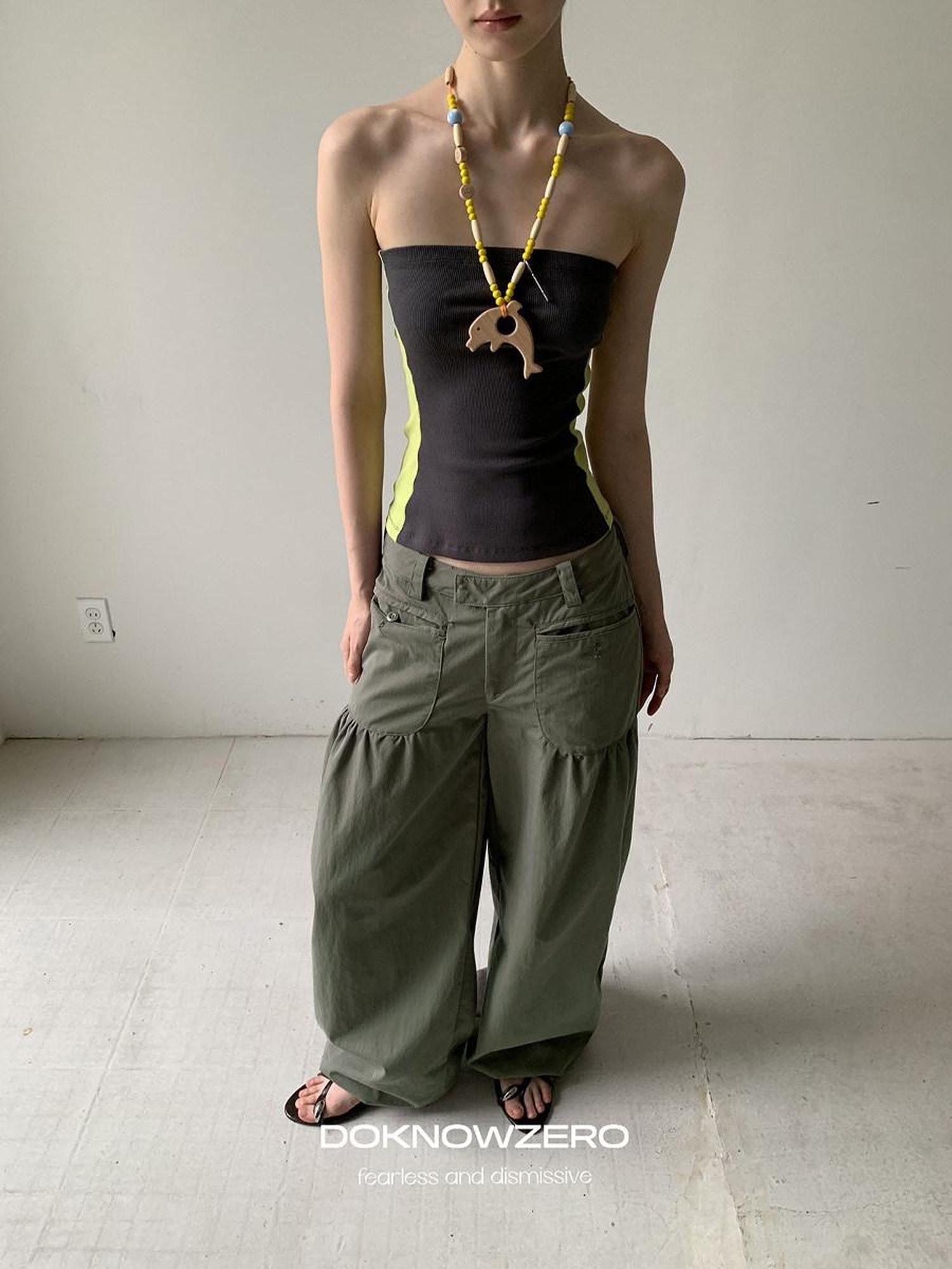 DKZ OFFICIAL Washed Khaki Distressed Drawstring Hem Women&