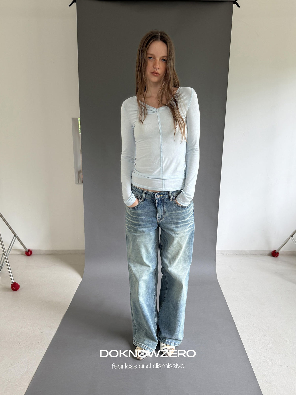 DKZ OFFICIAL Washed Vintage Blue Button Fly Natural Waist Women&