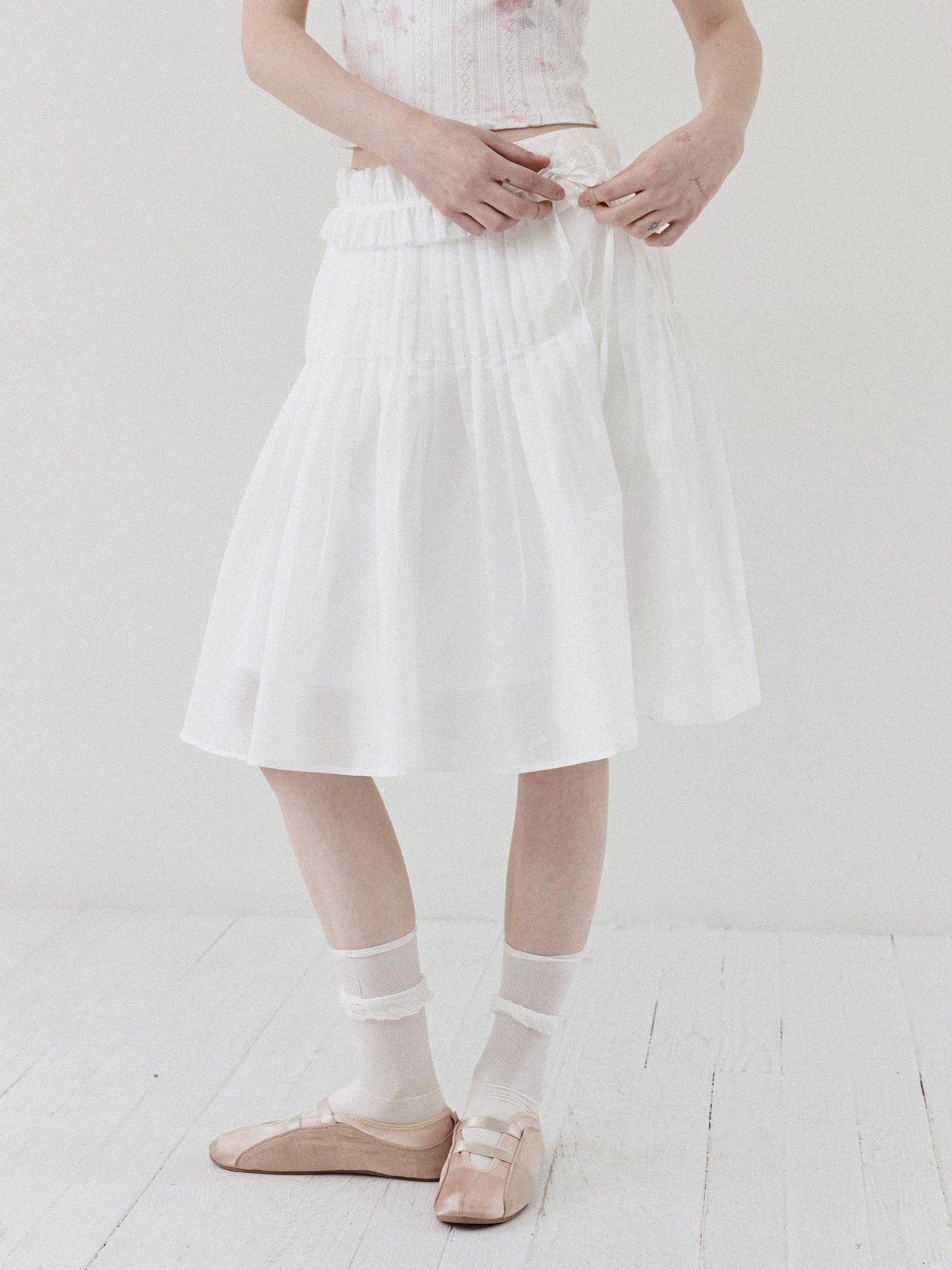 DKZ OFFICIAL White Ballet Detachable Belt Pleated A Line Women&