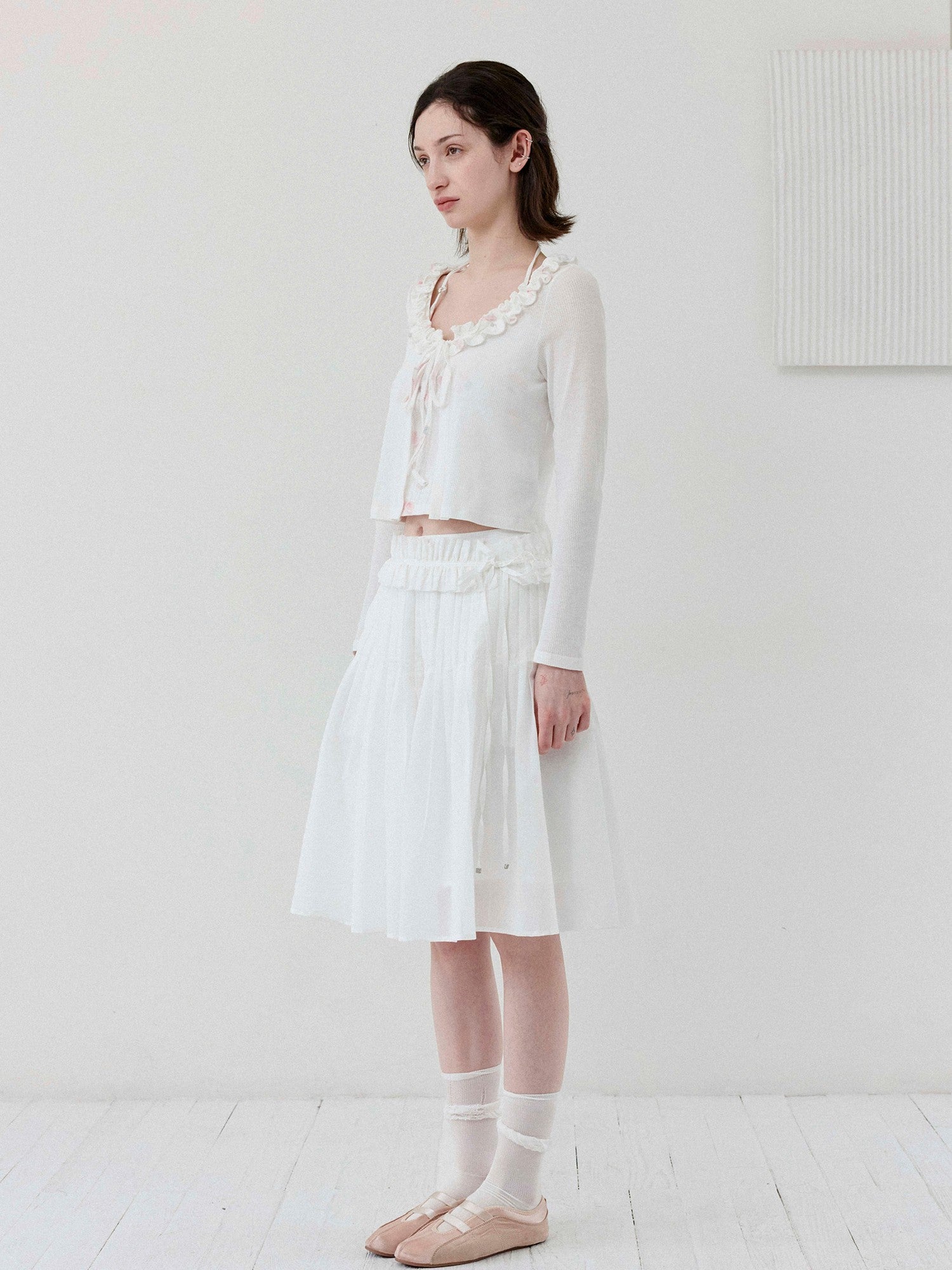 DKZ OFFICIAL White Ballet Detachable Belt Pleated A Line Women&