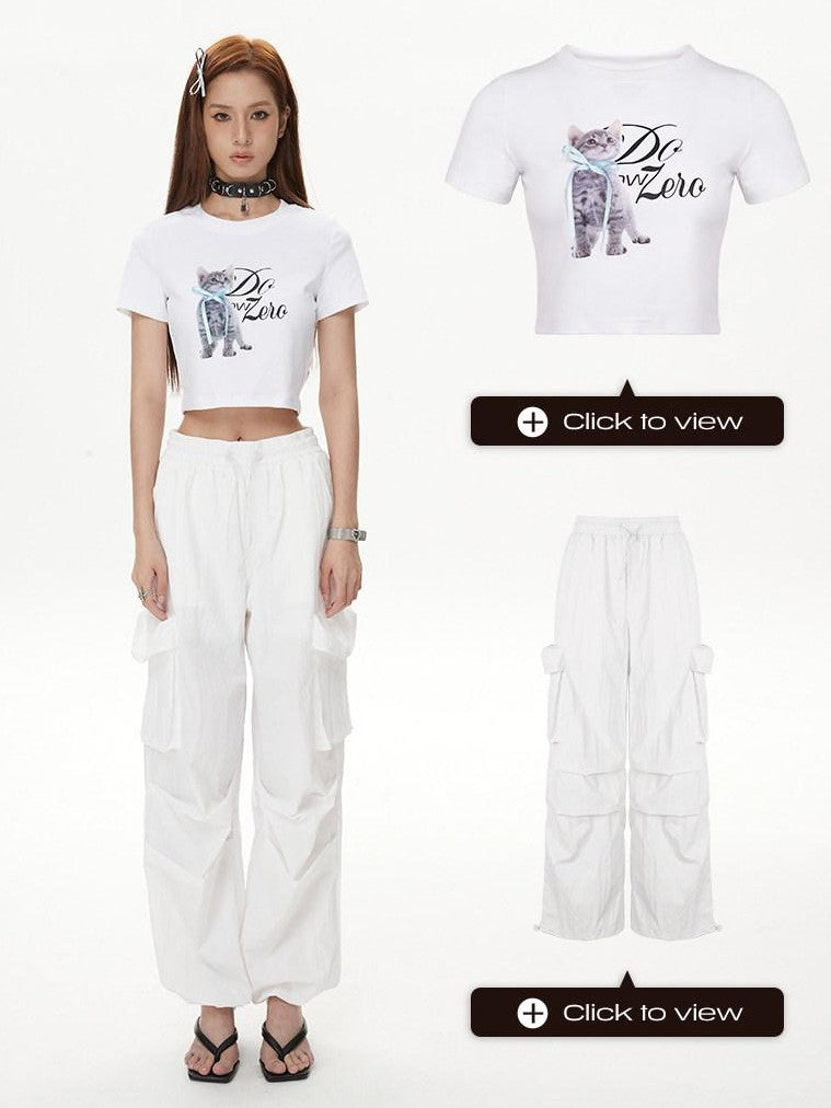 DKZ OFFICIAL White Cat And Text Print Round Neck Short Sleeve Women&
