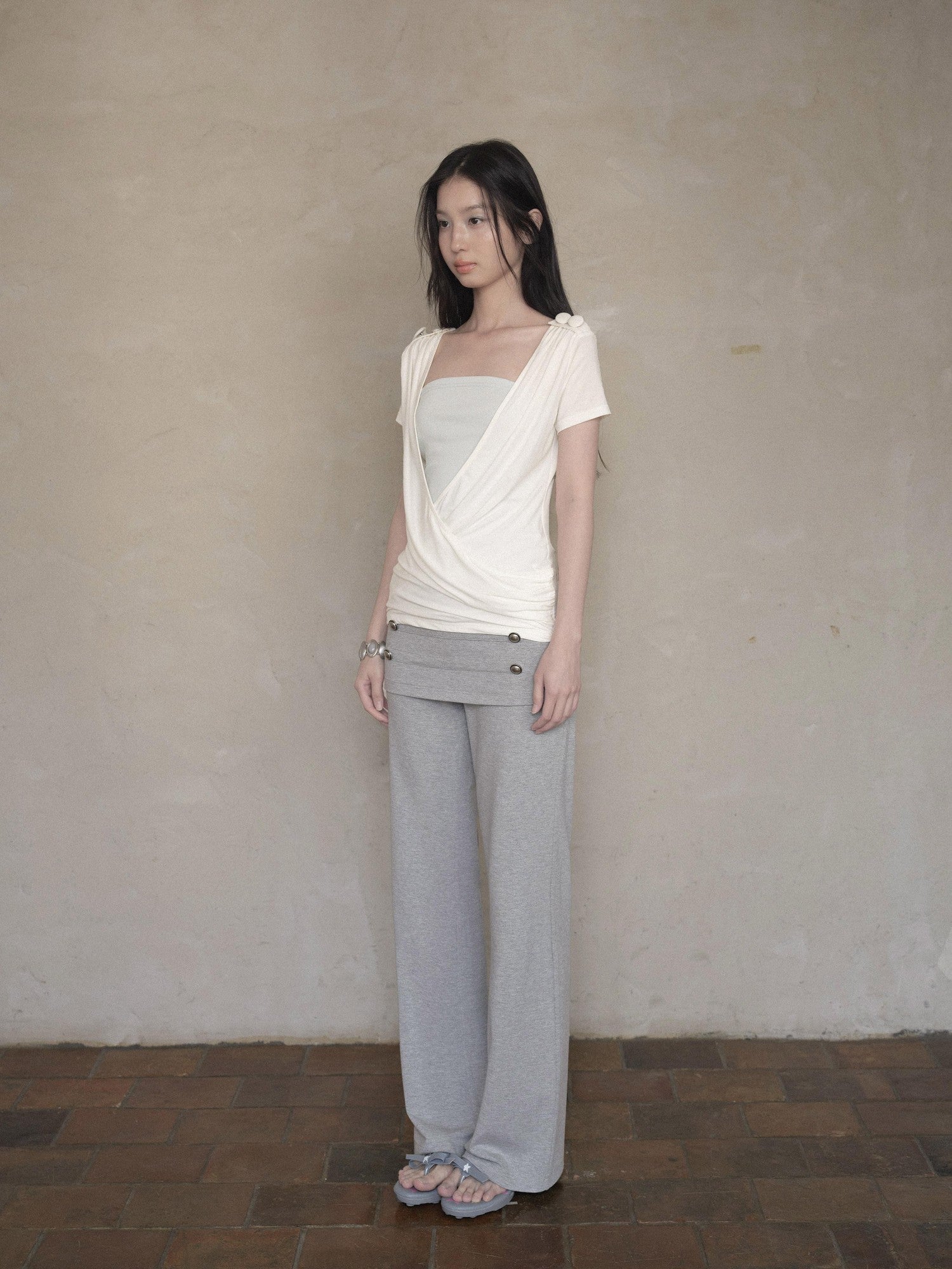 DKZ OFFICIAL White Cross Wrap Deep V Draped Pleat Two Piece Women&