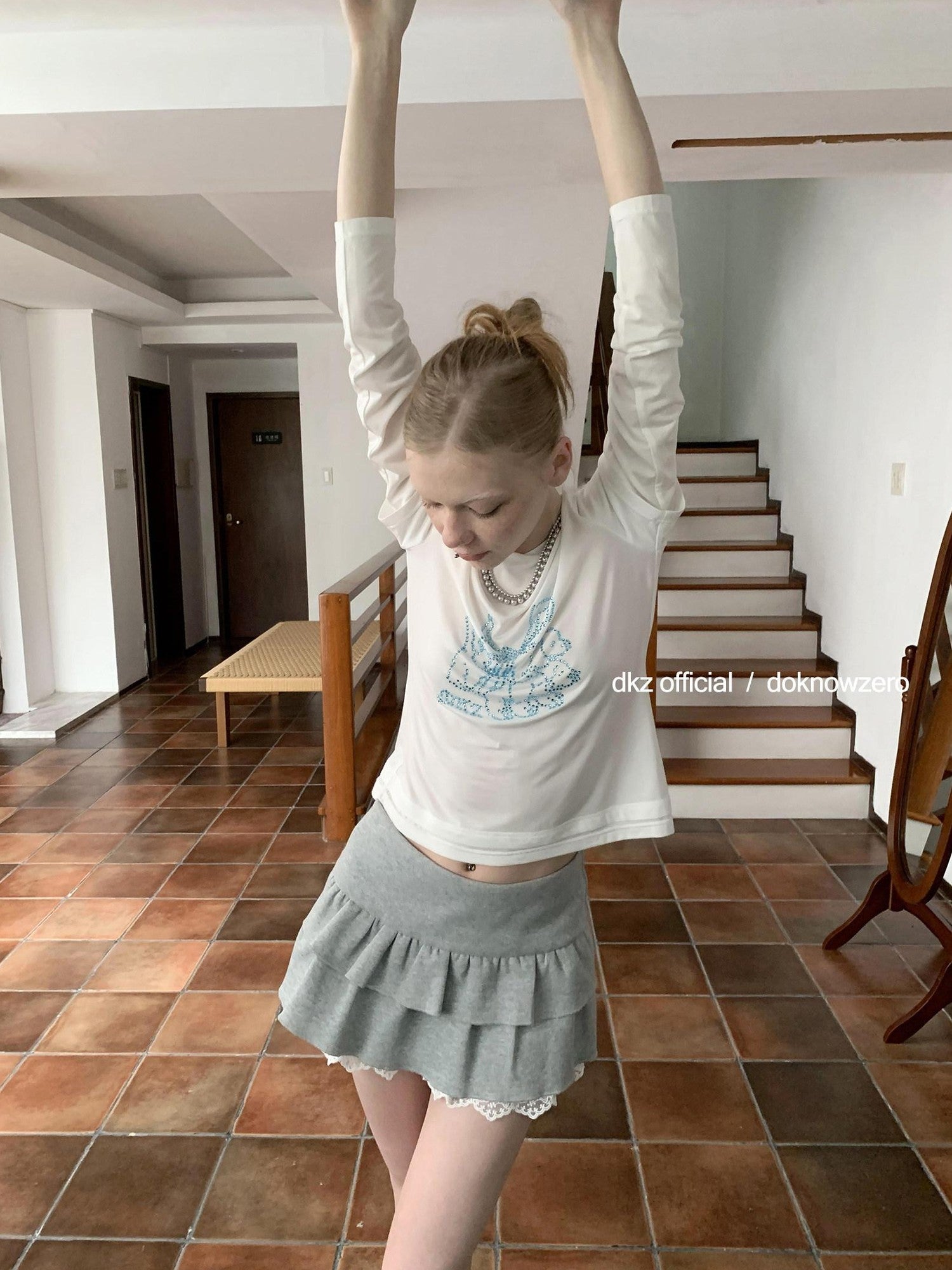 DKZ OFFICIAL White Faux Two Piece Rhinestone Dog Print Women&