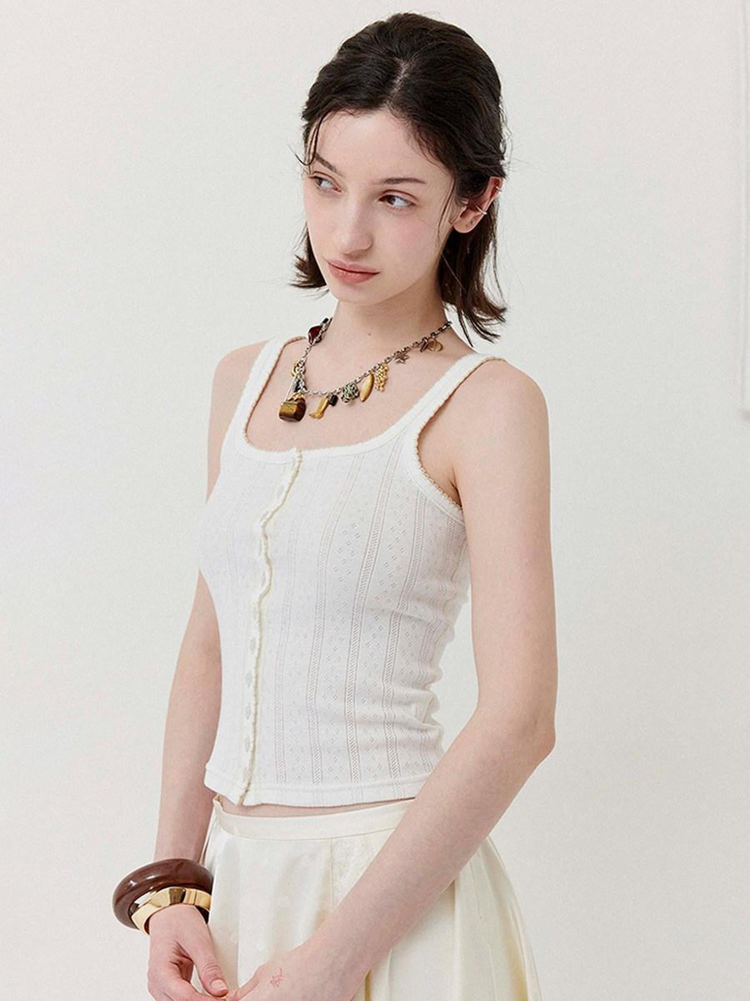 DKZ OFFICIAL White Lace Buttoned Slim Racerback Women&