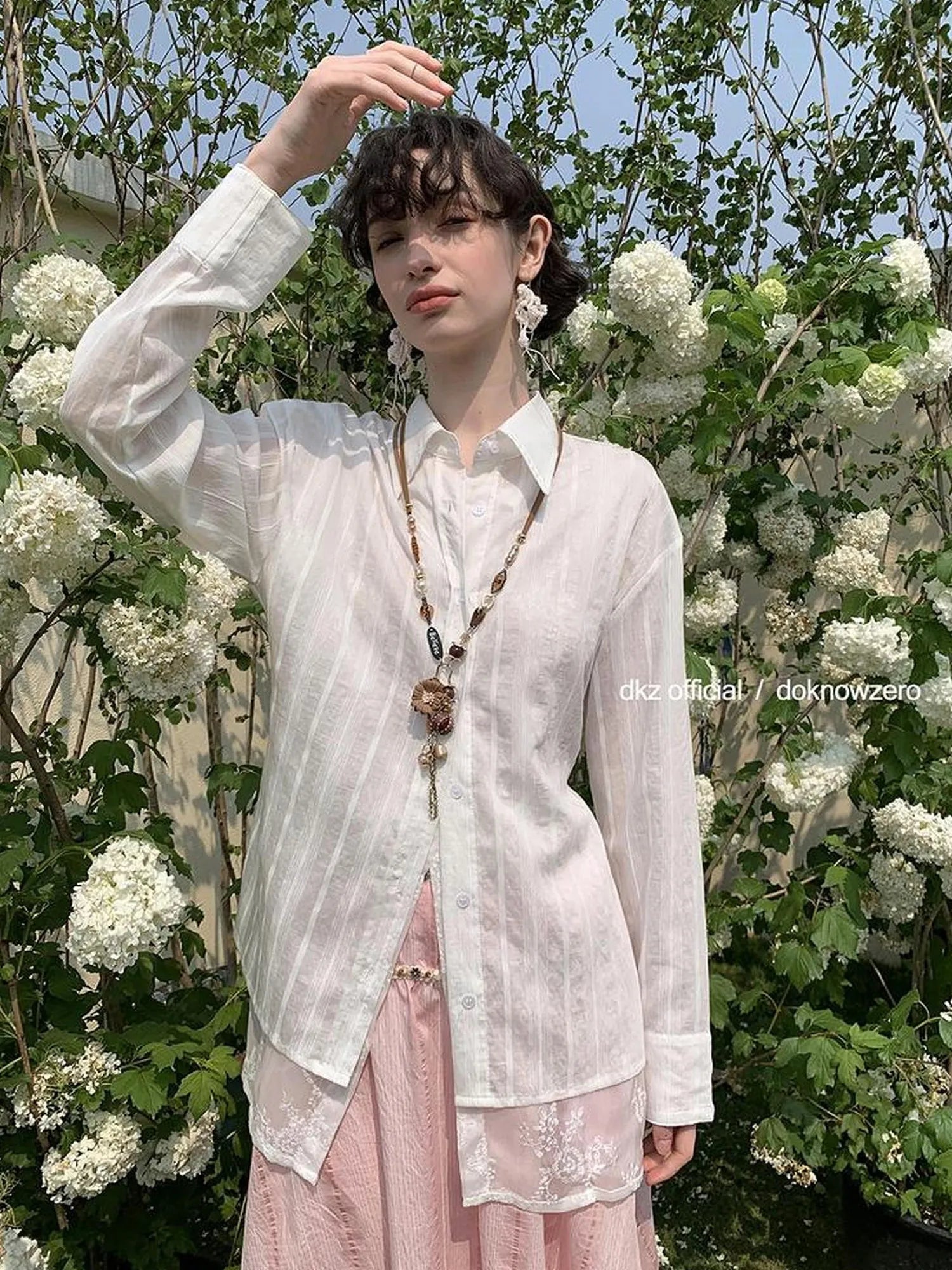 DKZ OFFICIAL White Lace Paneled Long Sleeve Shirt With False Layering