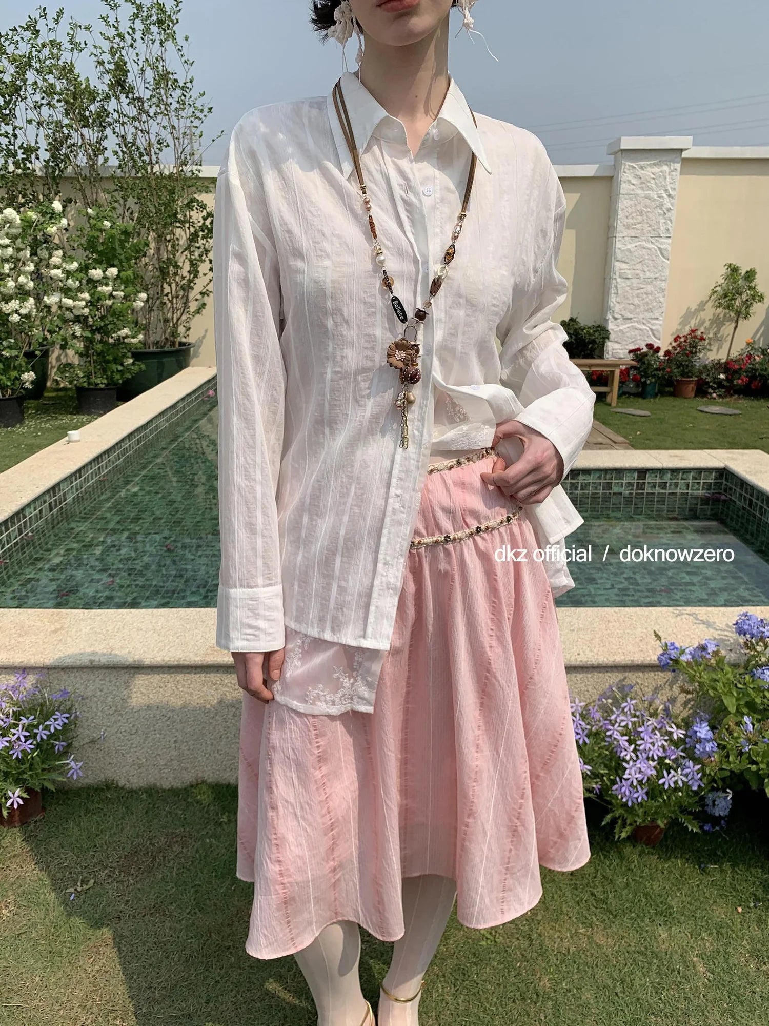 DKZ OFFICIAL White Lace Paneled Long Sleeve Shirt With False Layering