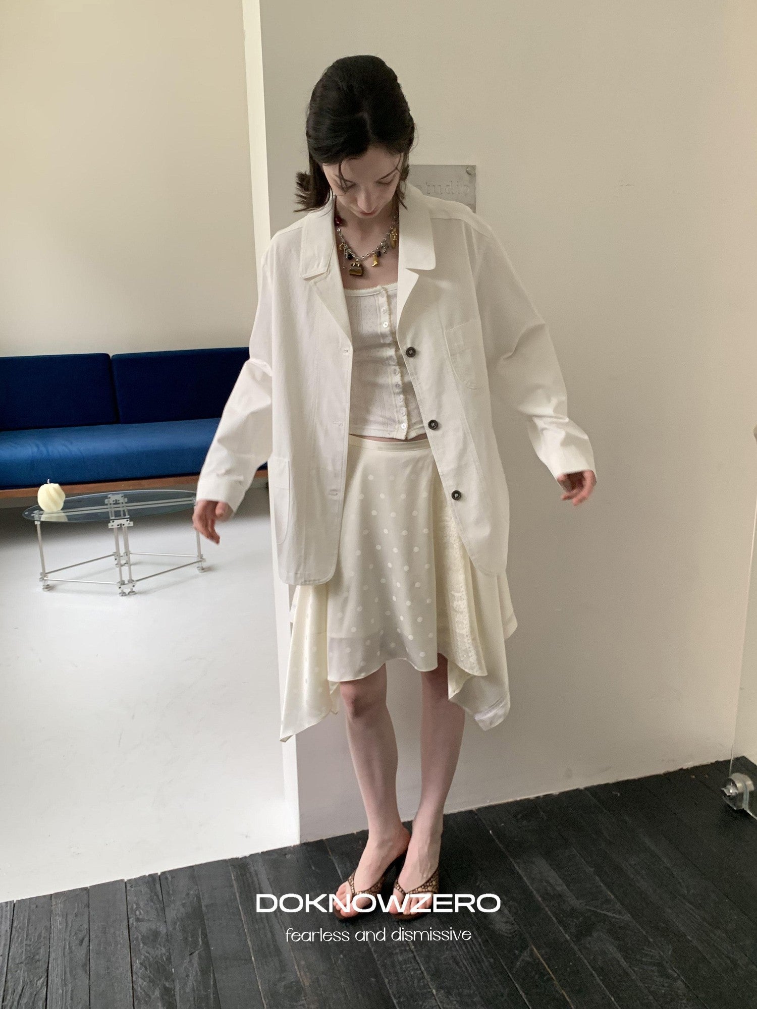 DKZ OFFICIAL White Loose Minimalist Single Breasted Notched Lapel Women&