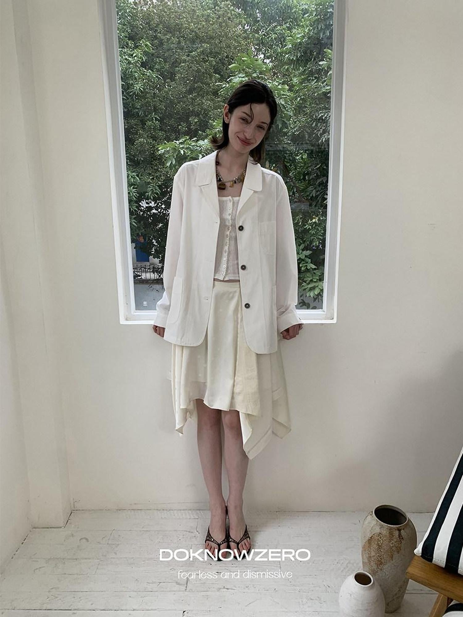 DKZ OFFICIAL White Loose Minimalist Single Breasted Notched Lapel Women&