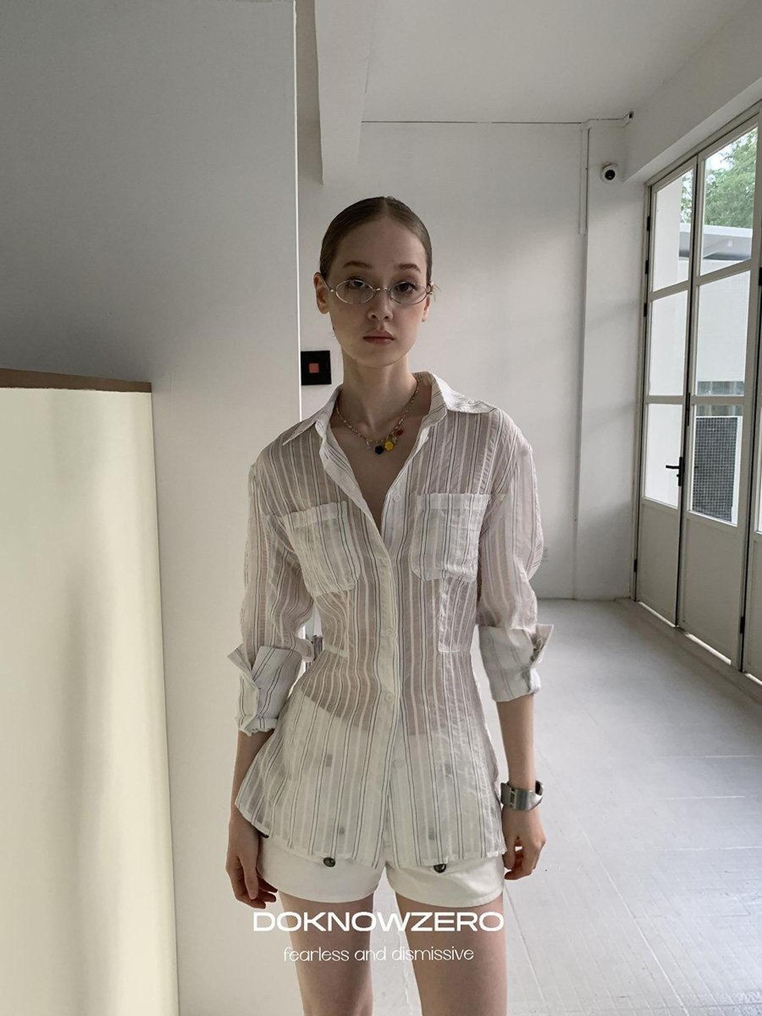DKZ OFFICIAL White Striped High Low Hem Waist Cinched Long Sleeve Women&