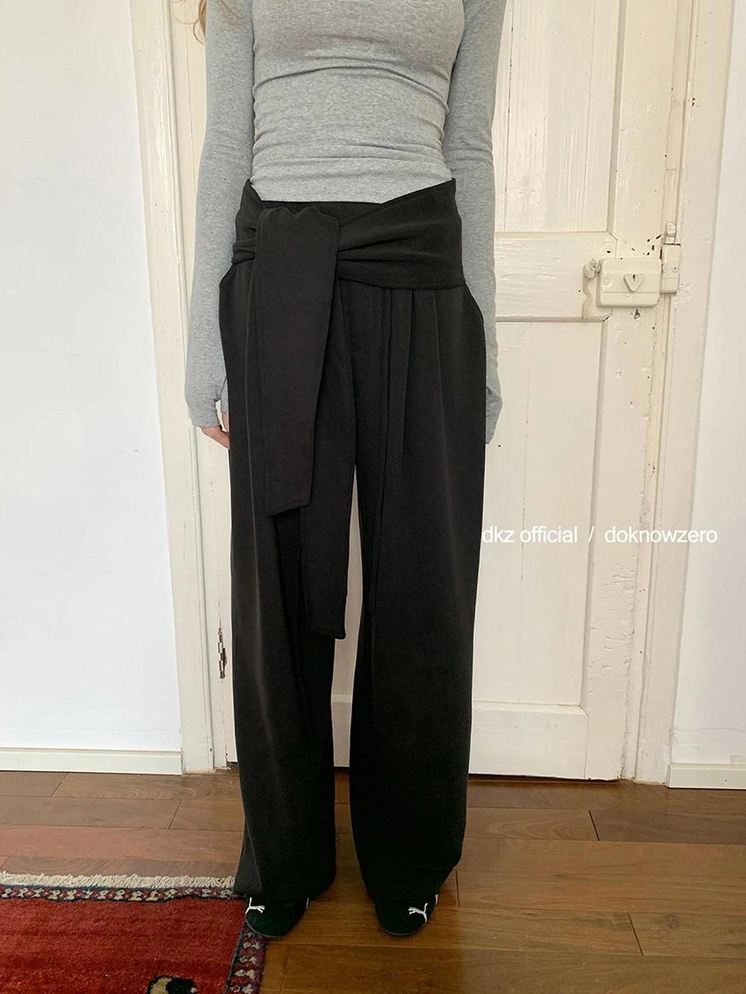 DKZ OFFICIAL Wide Leg Trousers With Tie Waist And Drape