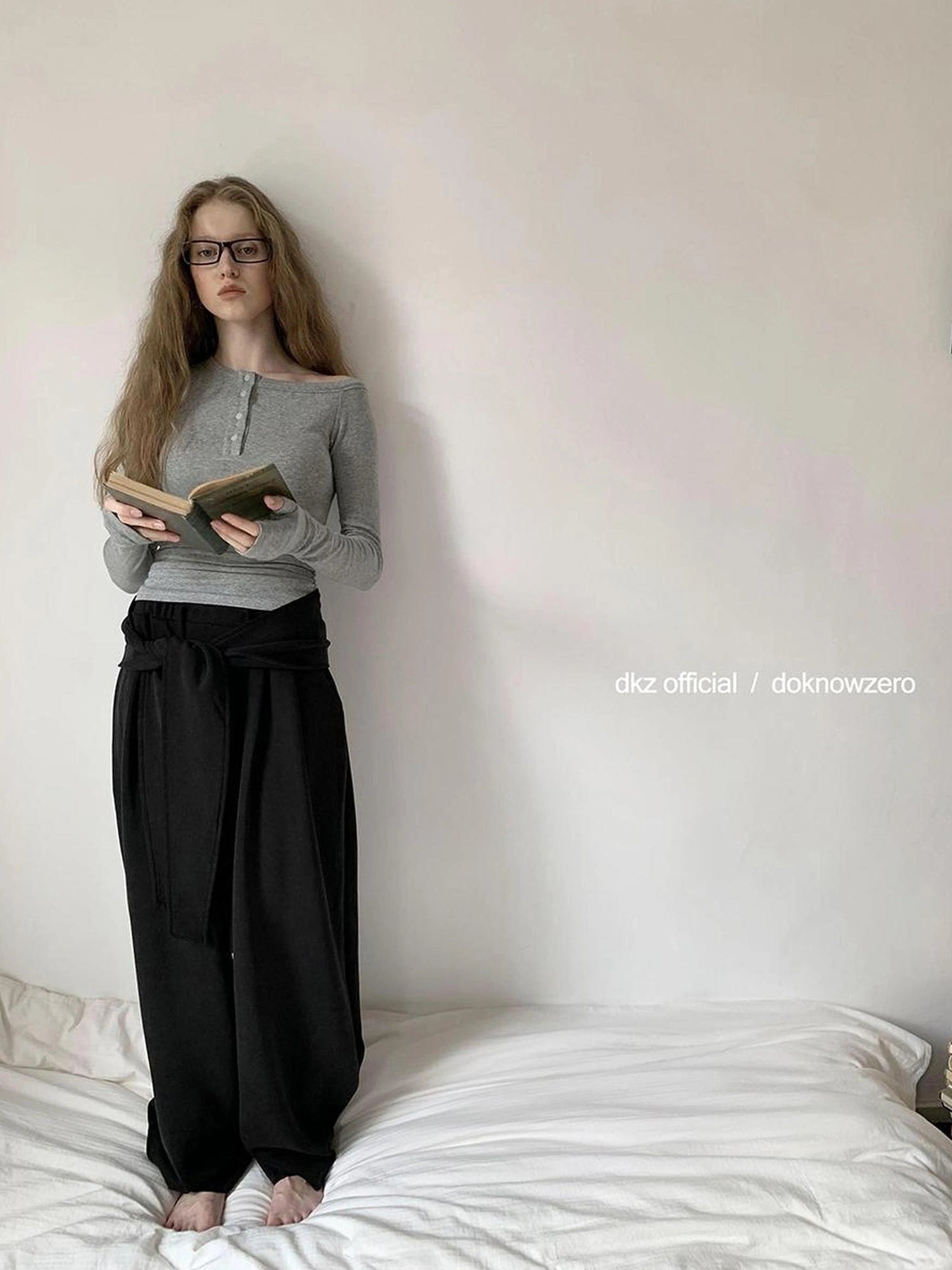 DKZ OFFICIAL Wide Leg Trousers With Tie Waist And Drape