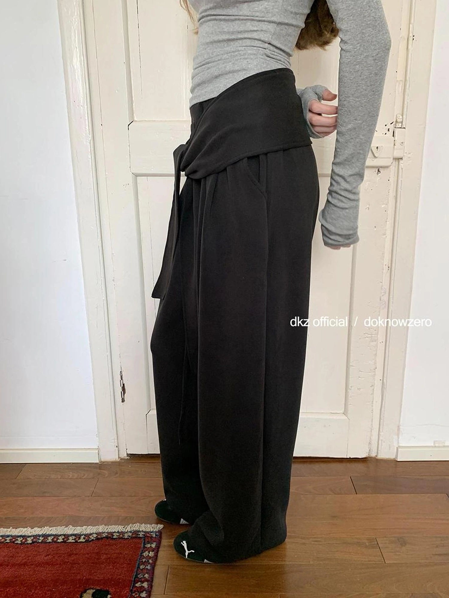 DKZ OFFICIAL Wide Leg Trousers With Tie Waist And Drape