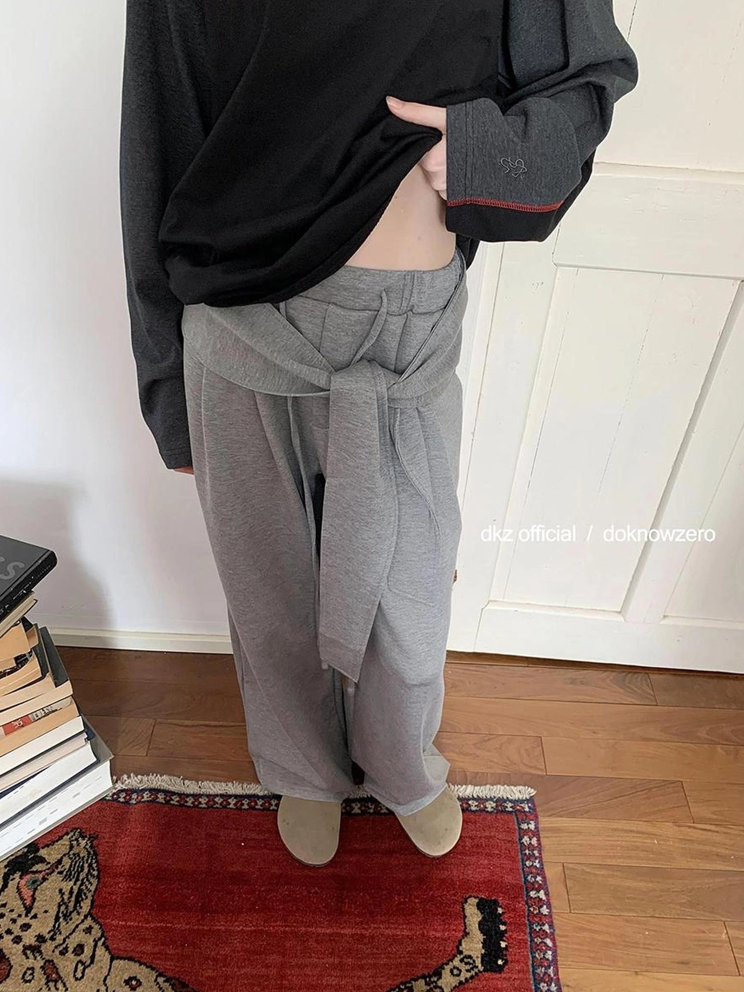 DKZ OFFICIAL Wide Leg Trousers With Tie Waist And Drape