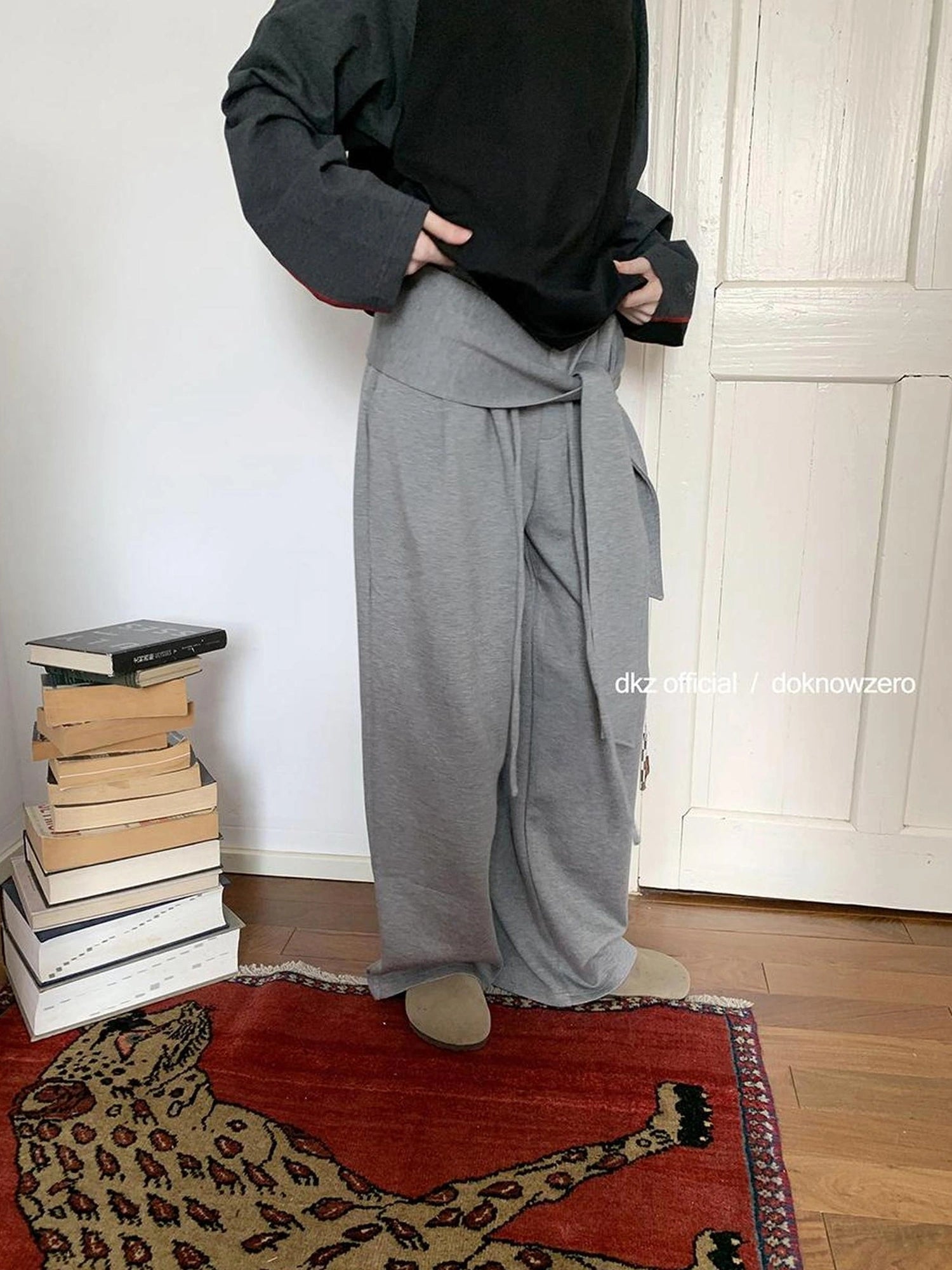 DKZ OFFICIAL Wide Leg Trousers With Tie Waist And Drape