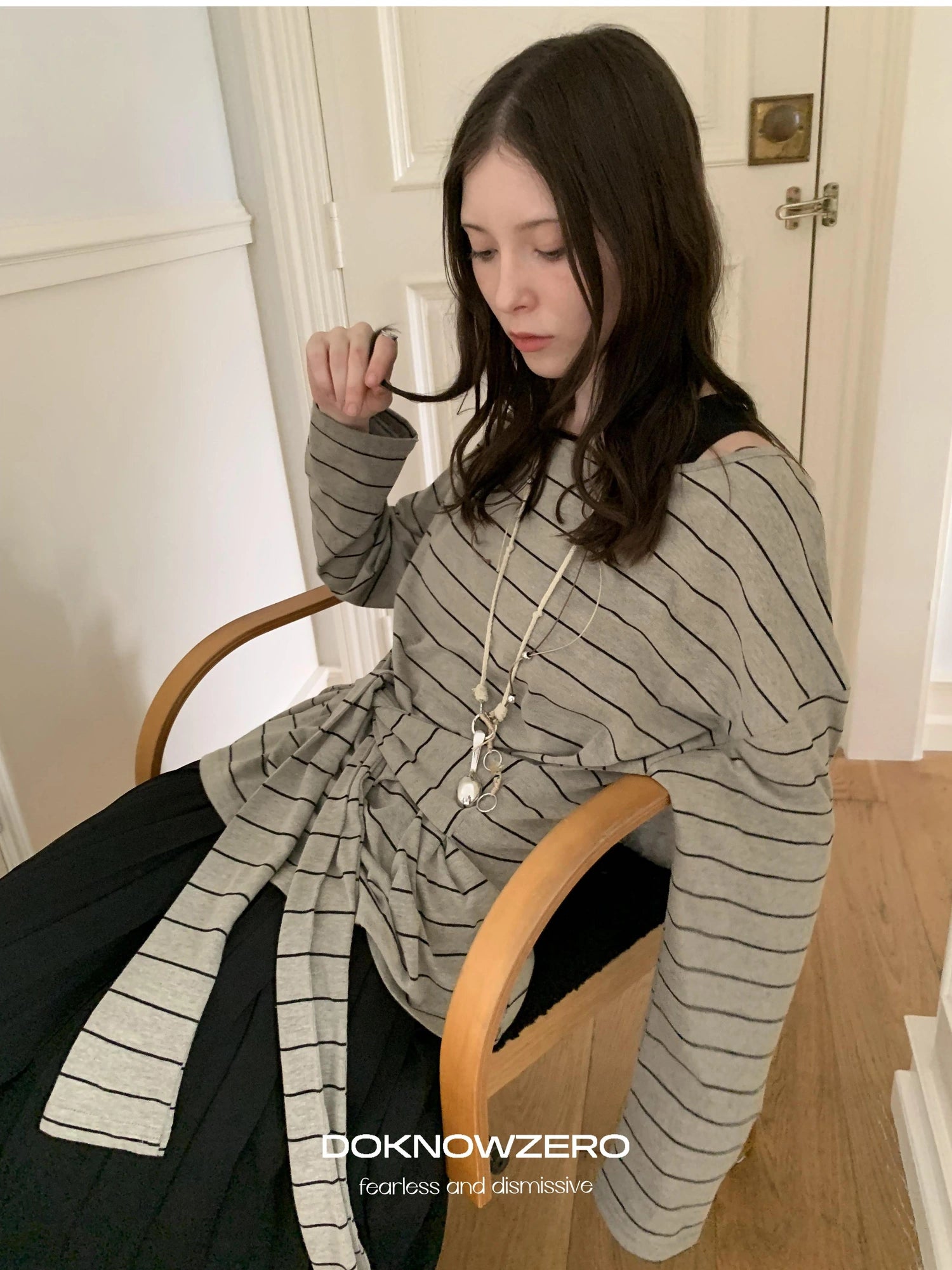 DKZ OFFICIAL Wide Neckline Striped Long Sleeve T-shirt With Tie Detail