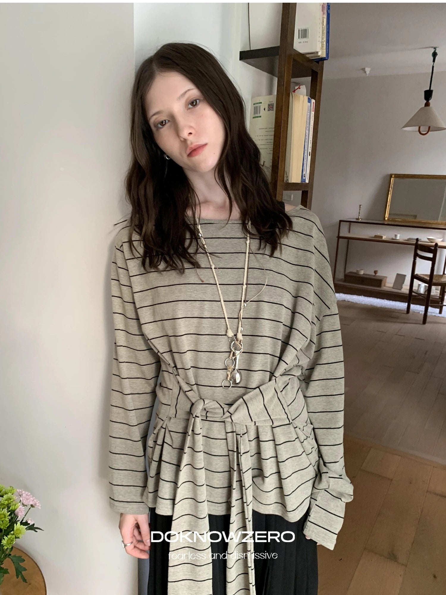 DKZ OFFICIAL Wide Neckline Striped Long Sleeve T-shirt With Tie Detail