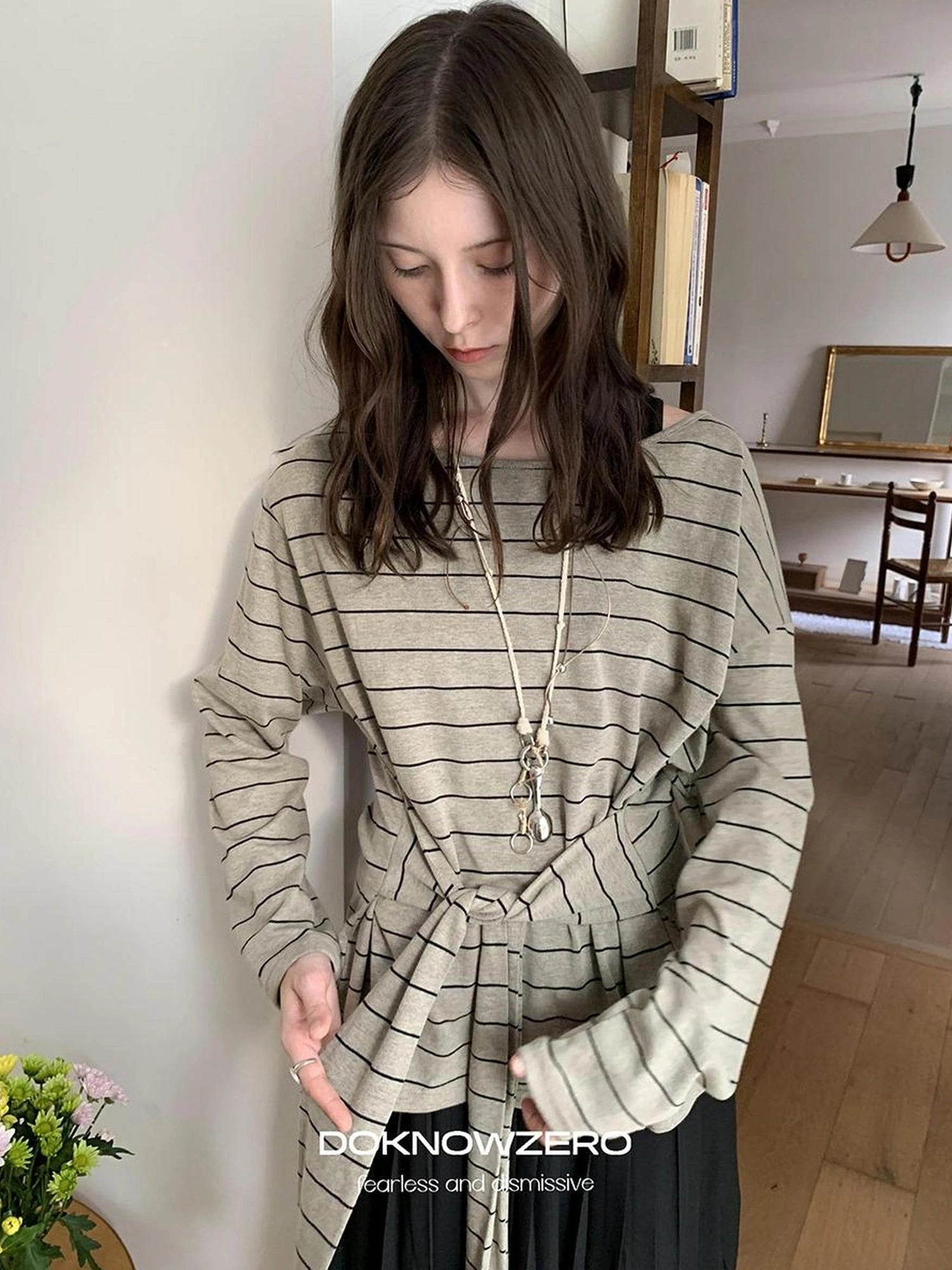 DKZ OFFICIAL Wide Neckline Striped Long Sleeve T-shirt With Tie Detail
