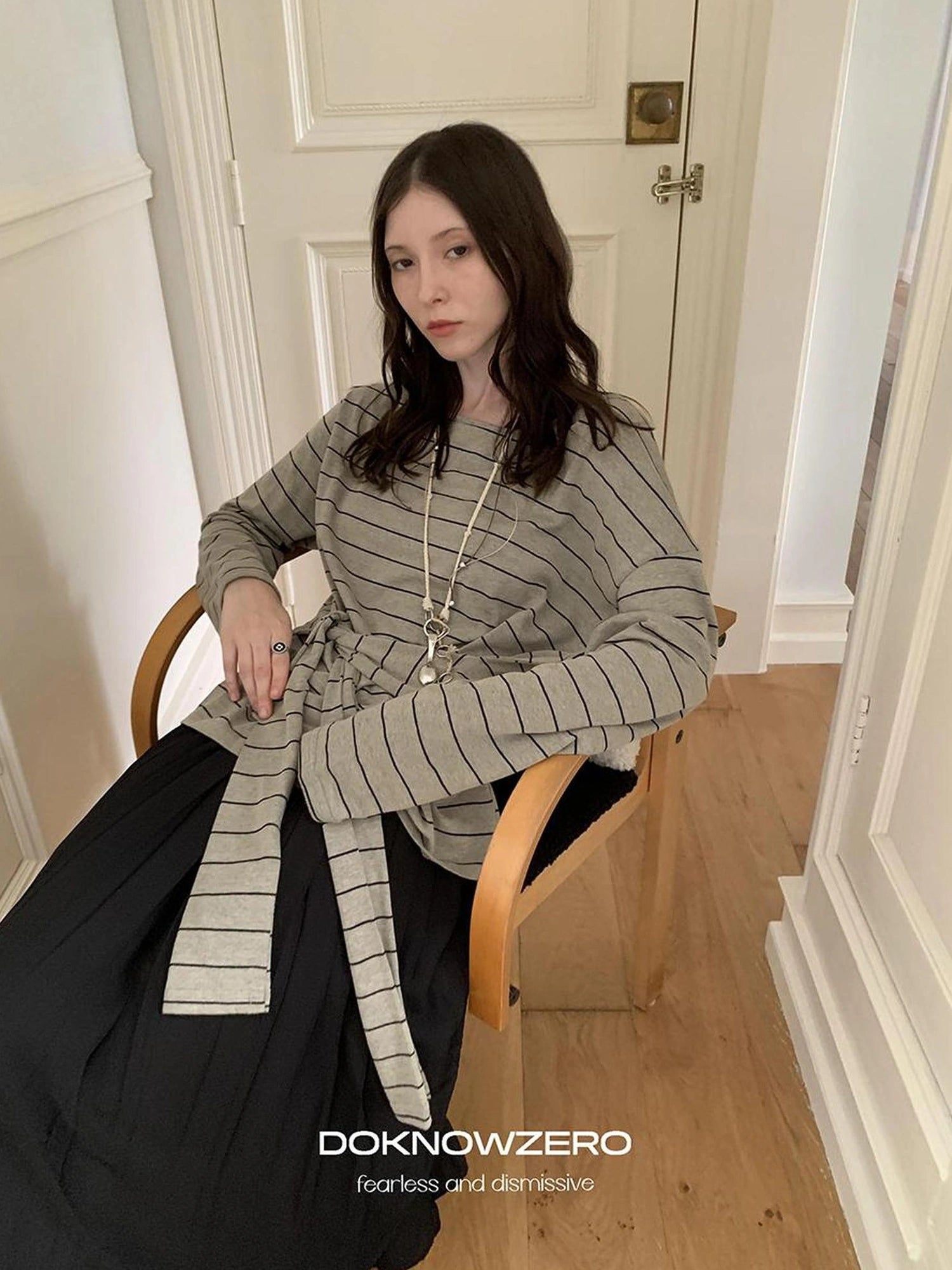 DKZ OFFICIAL Wide Neckline Striped Long Sleeve T-shirt With Tie Detail