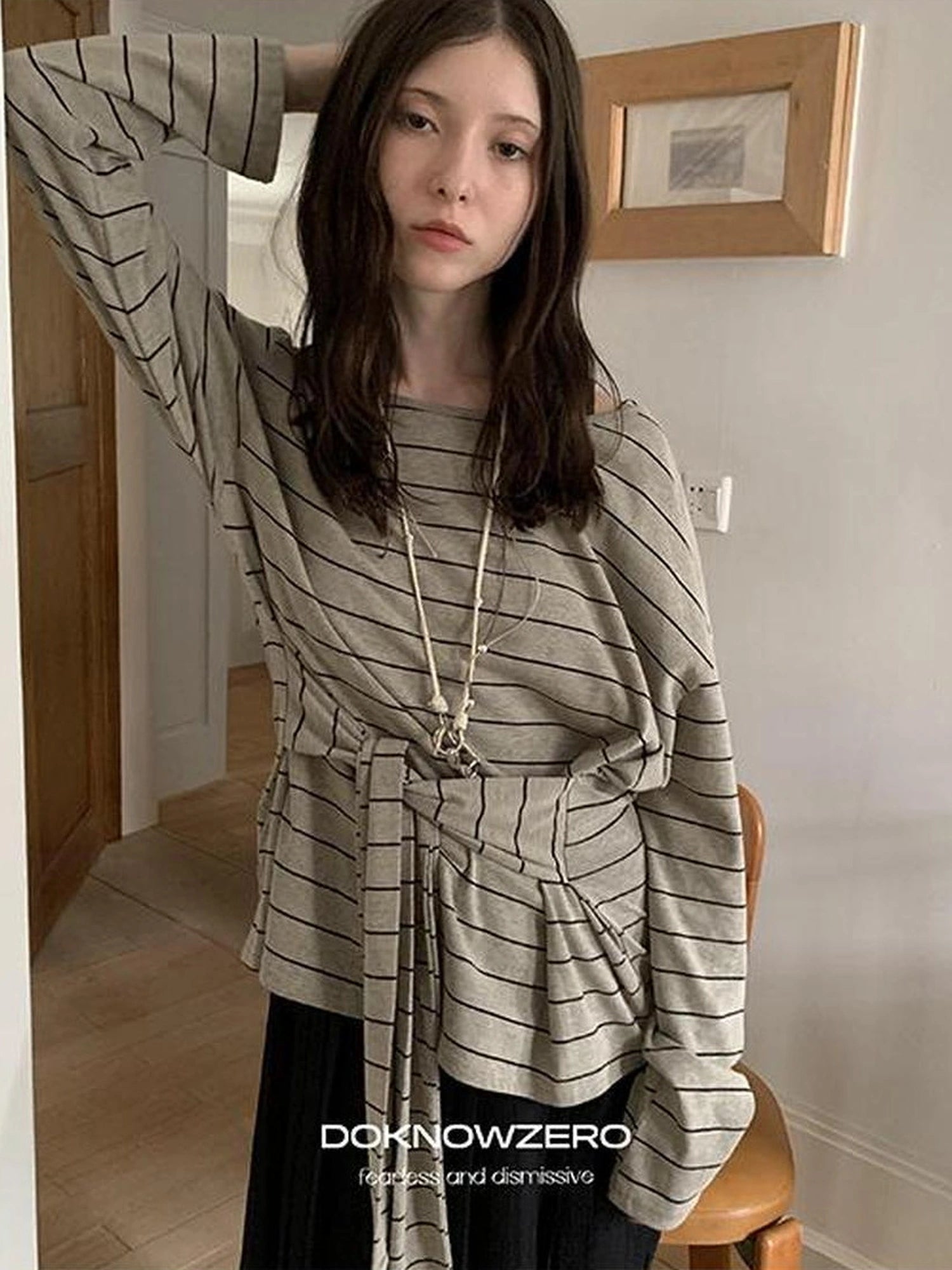 DKZ OFFICIAL Wide Neckline Striped Long Sleeve T-shirt With Tie Detail