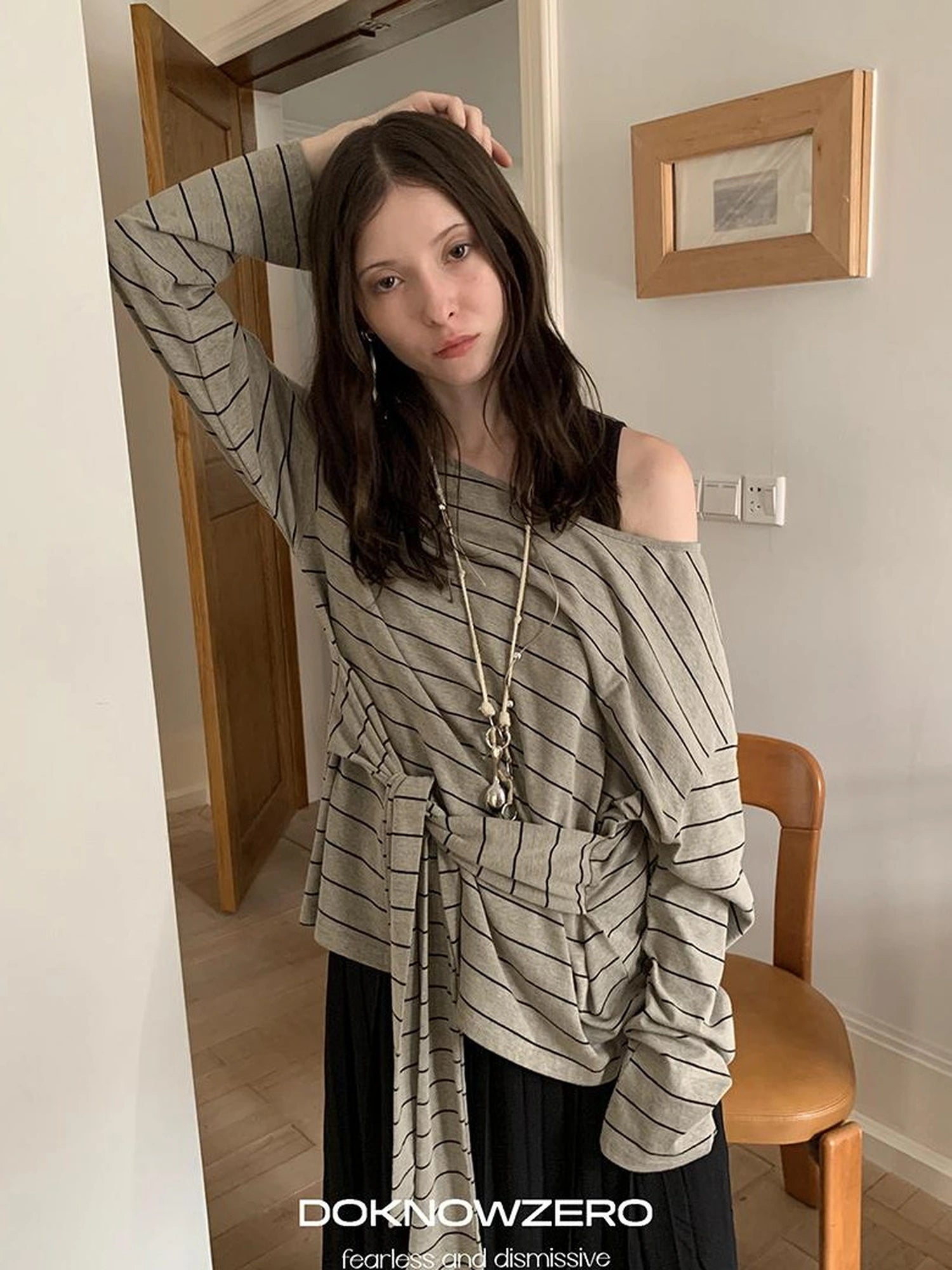 DKZ OFFICIAL Wide Neckline Striped Long Sleeve T-shirt With Tie Detail