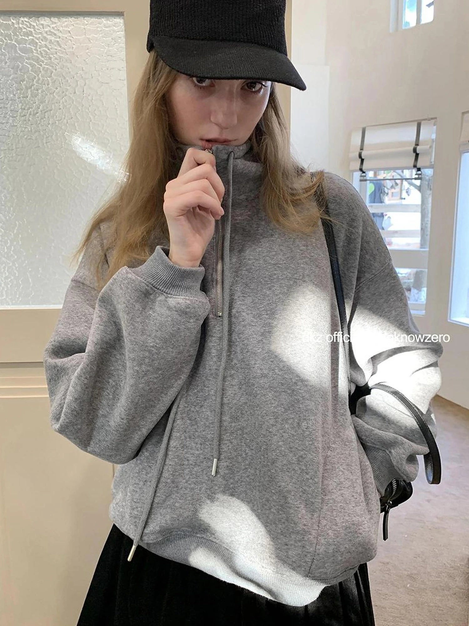 DKZ OFFICIAL Women Half Zip Sweatshirt Autumn Winter Loose Casual Top