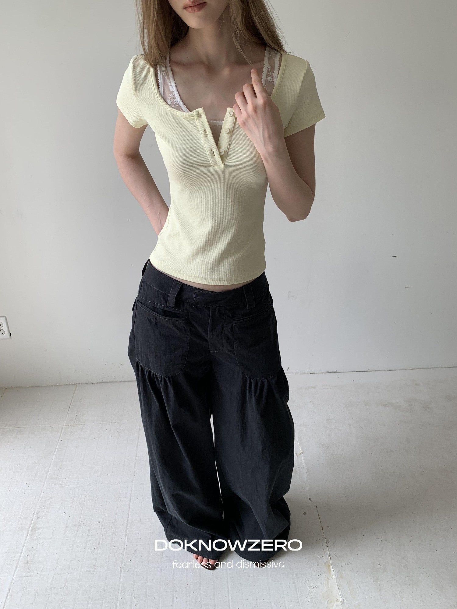 DKZ OFFICIAL Yellow Lace Splice Faux Two Piece Henley Women&
