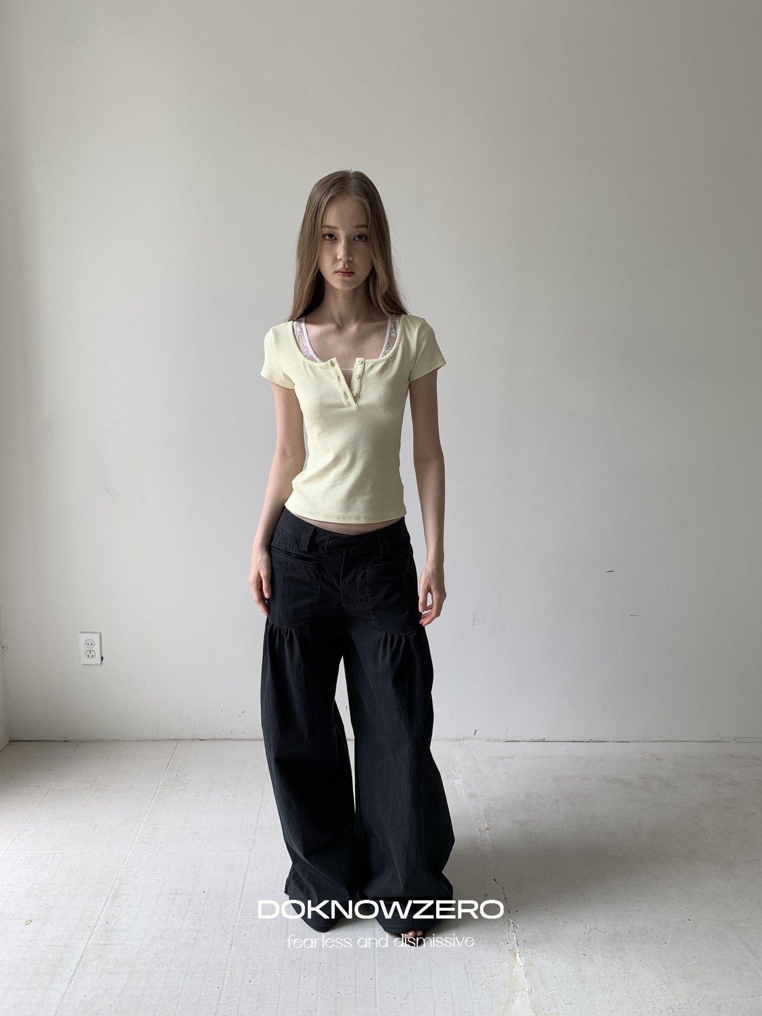 DKZ OFFICIAL Yellow Lace Splice Faux Two Piece Henley Women&