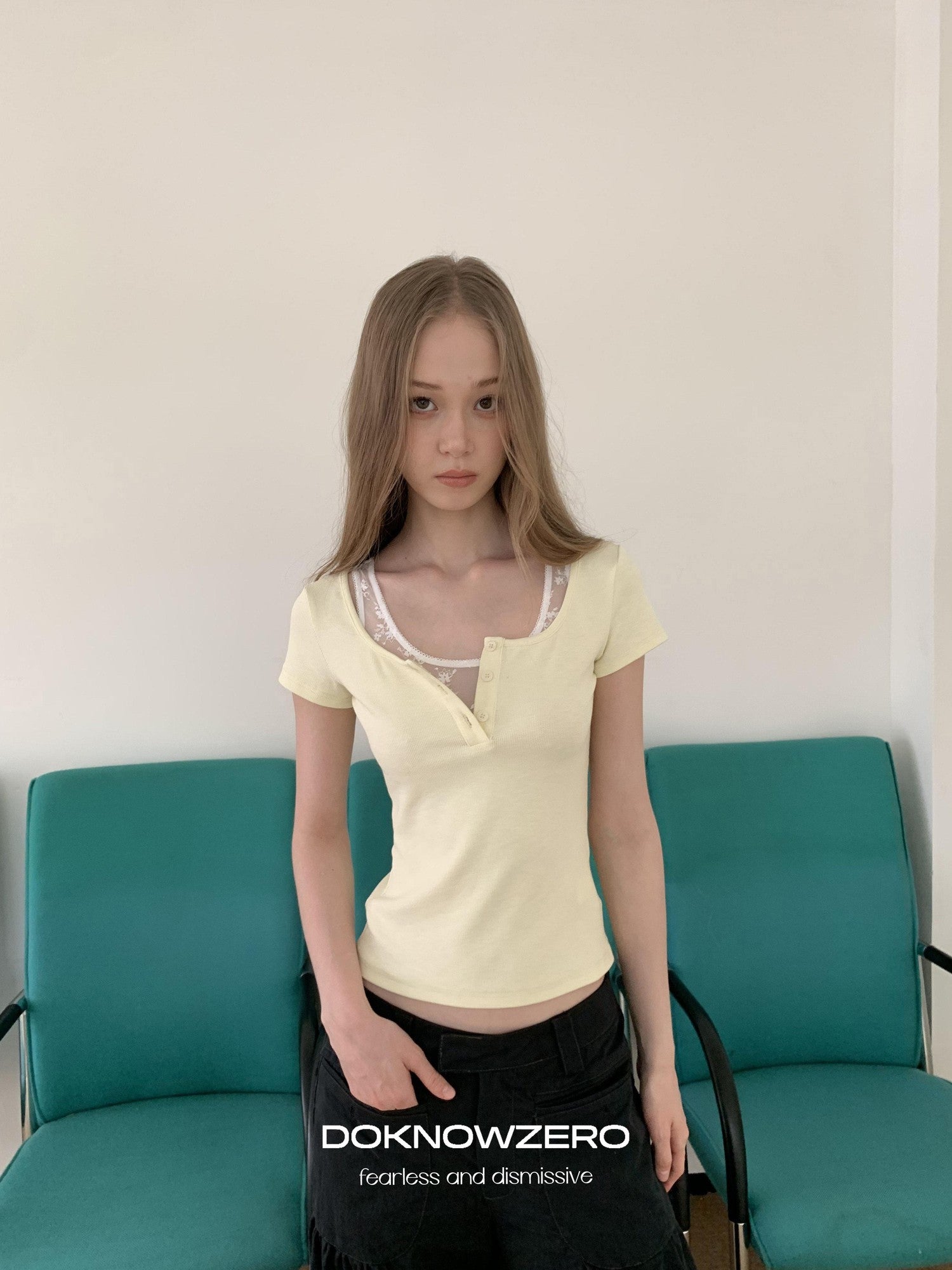 DKZ OFFICIAL Yellow Lace Splice Faux Two Piece Henley Women&