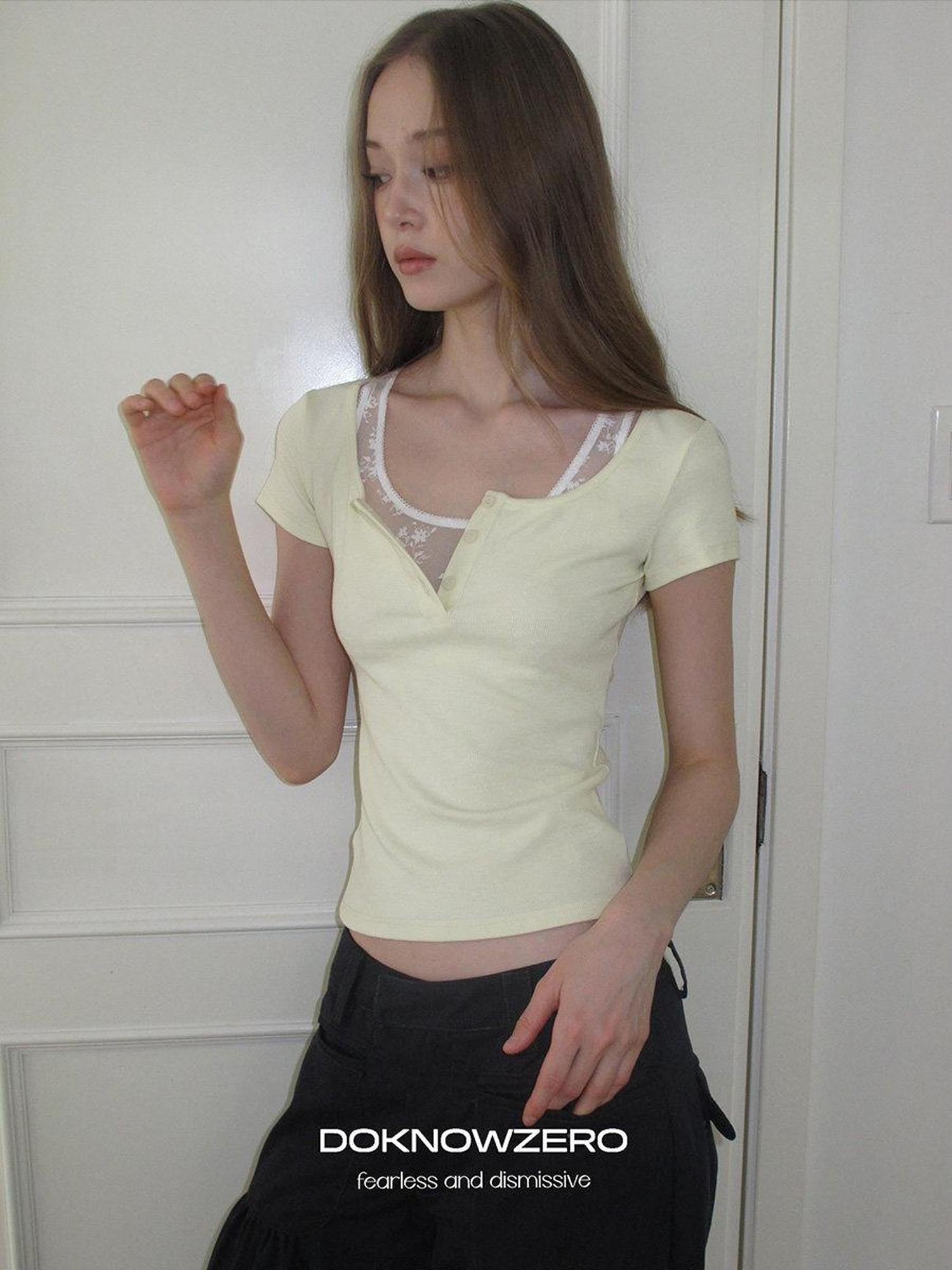 DKZ OFFICIAL Yellow Lace Splice Faux Two Piece Henley Women&