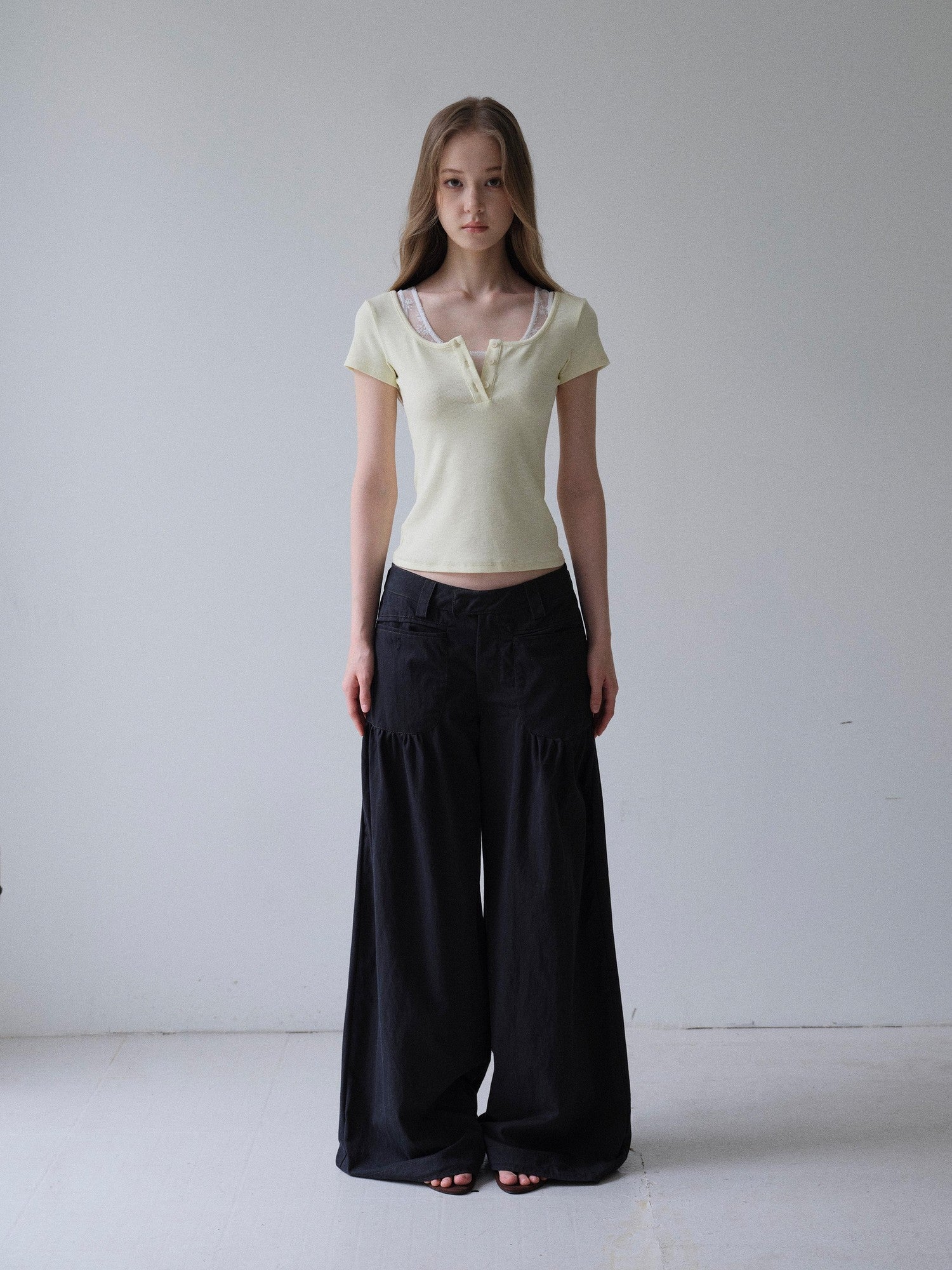 DKZ OFFICIAL Yellow Lace Splice Faux Two Piece Henley Women&