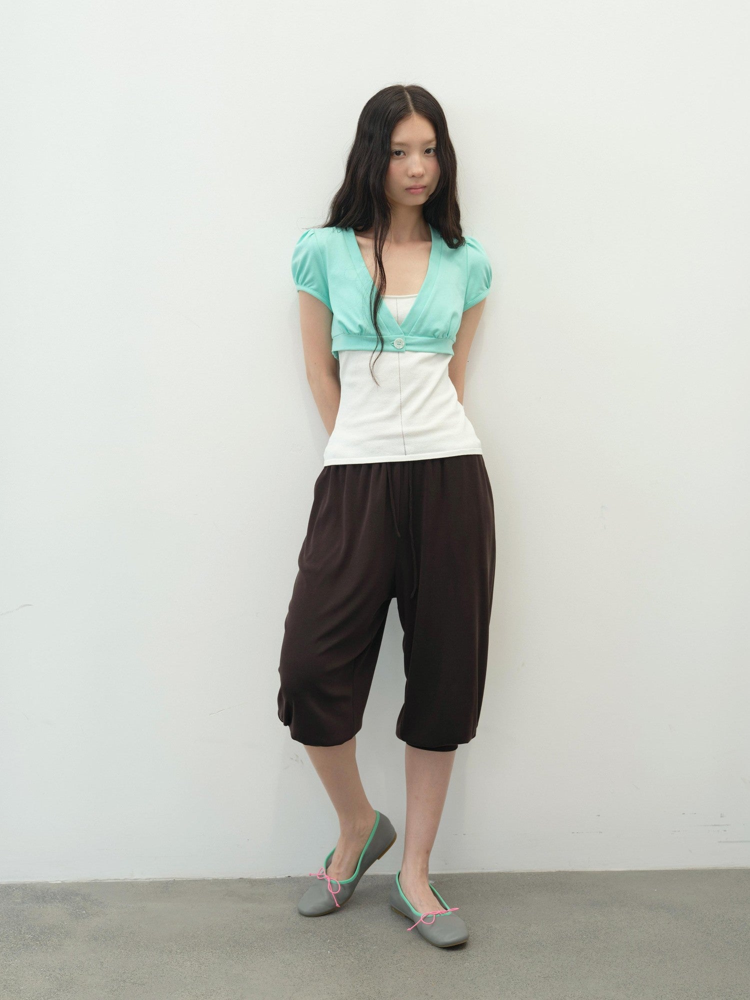 DKZ OFFICIAL Yellow Mint Colorblock Single Button V-neck Women&