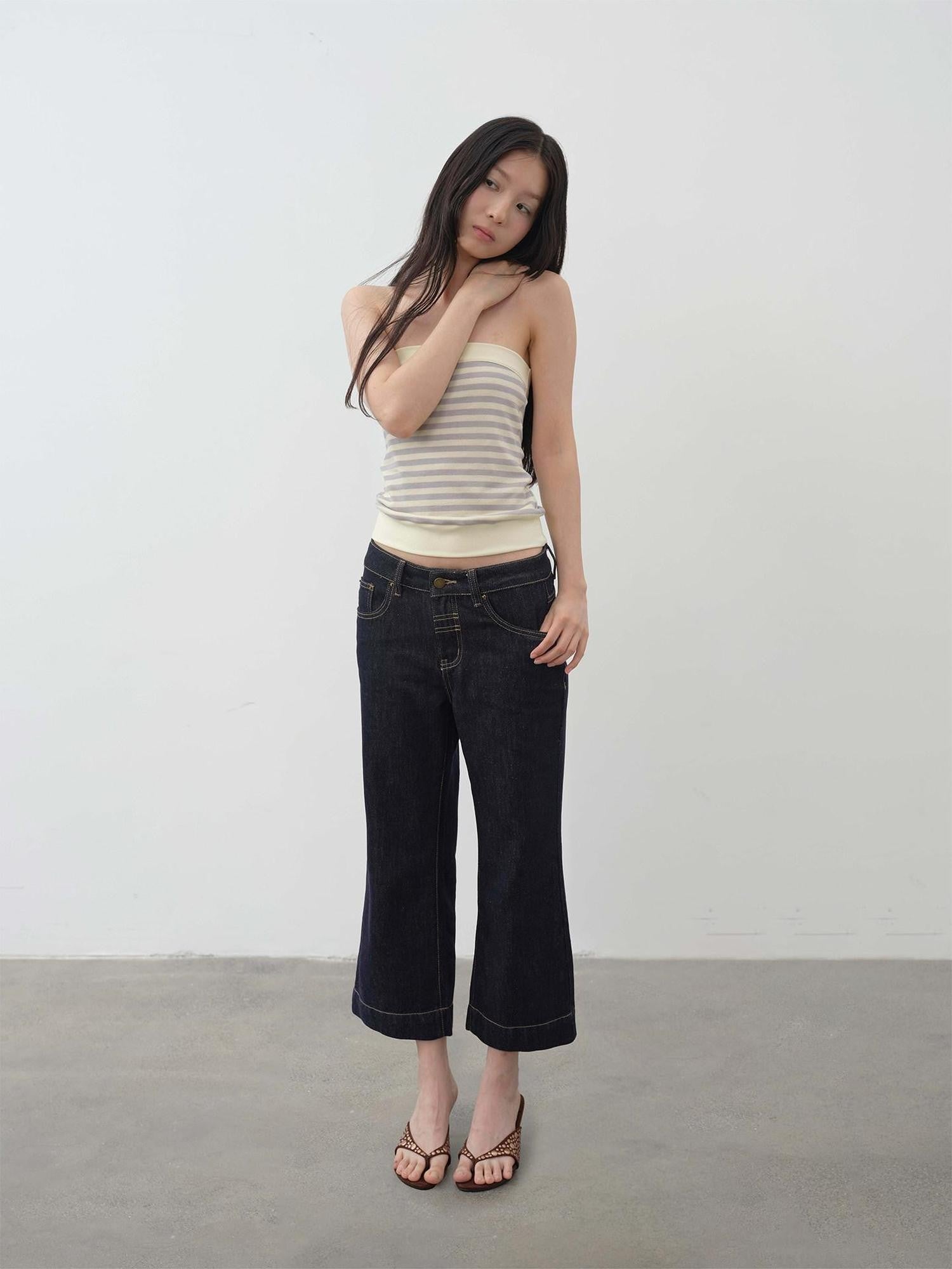 DKZ OFFICIAL Yellow Retro Striped Splice Cropped Slim Women&