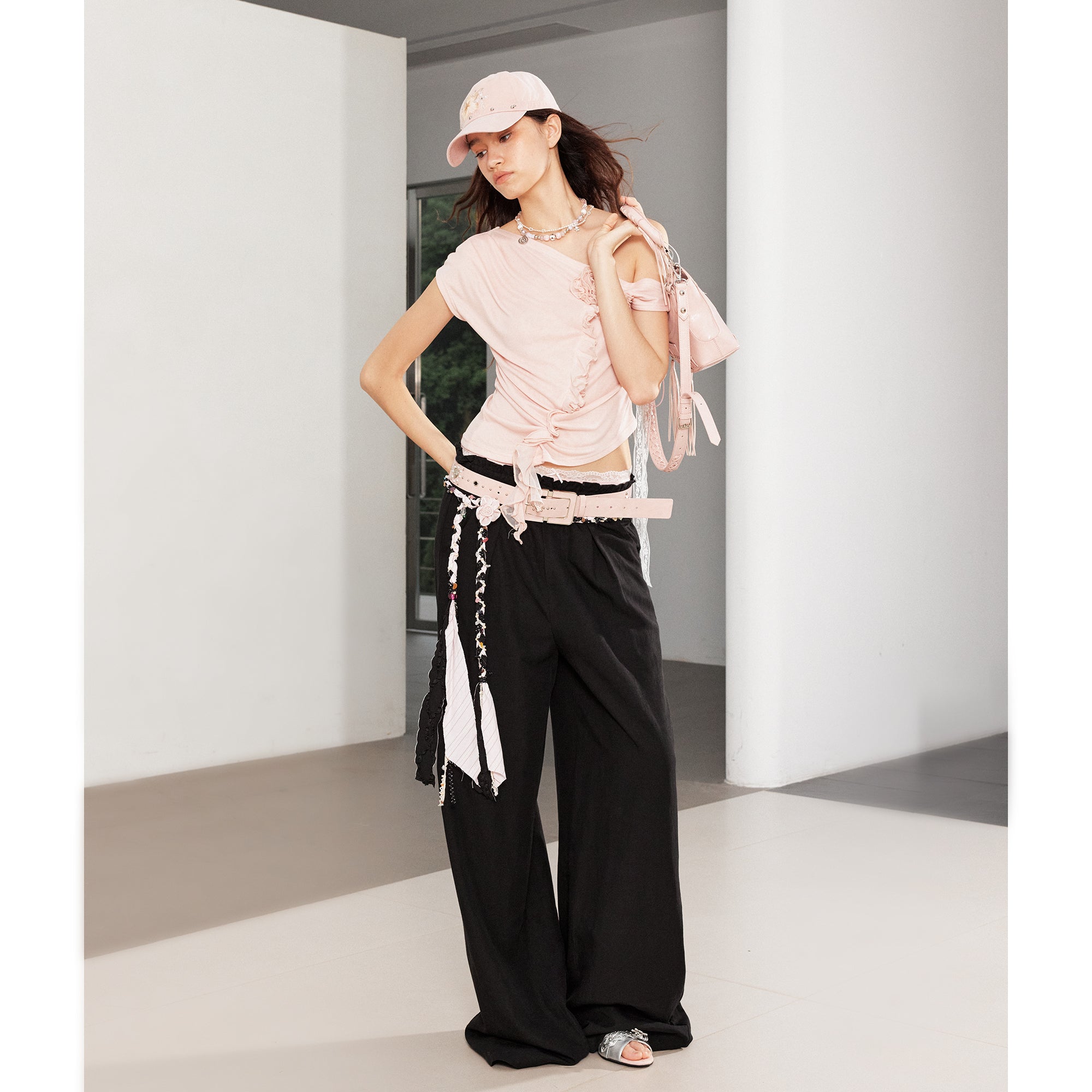 2th Desire Asymmetric Floral Ruffle Sleeveless Back Tie Slim Fit T Shirt