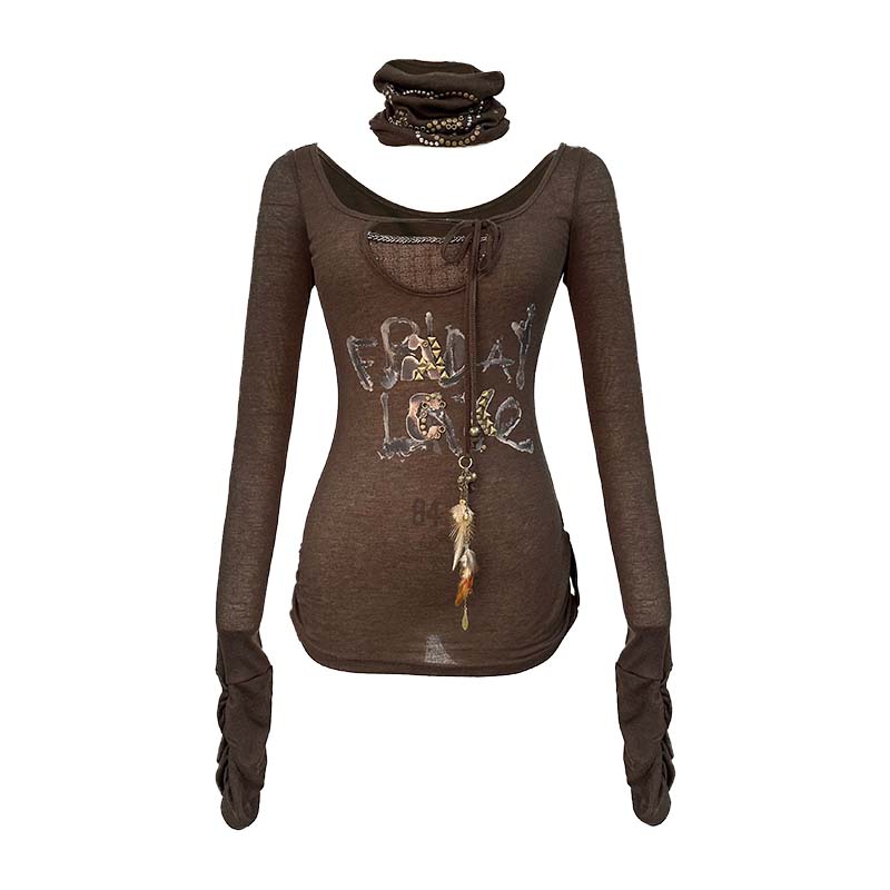 Update OPEN AESTHETIC Rivet Print Knit Top With Detachable Neck Wrap