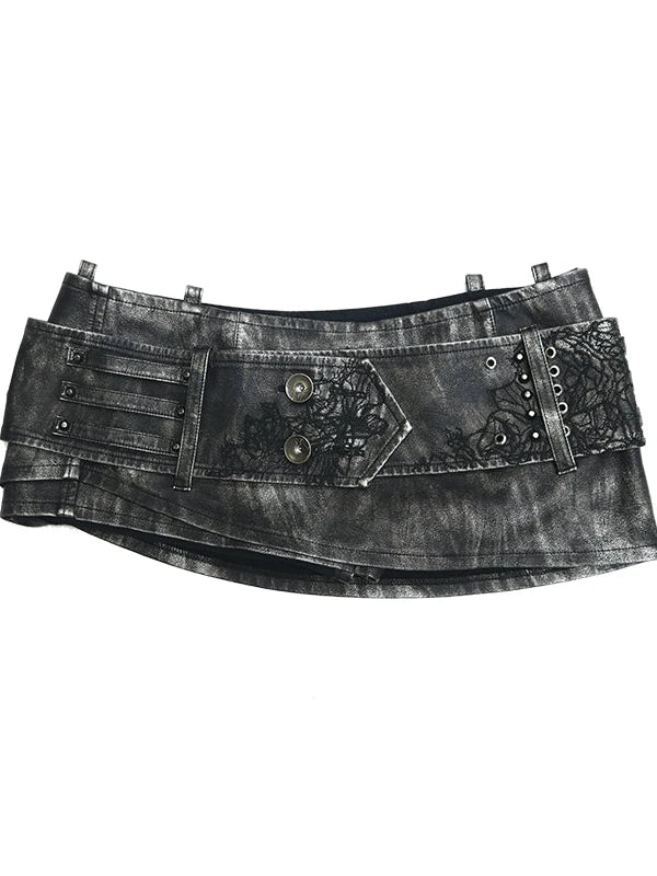 Metal Punk Rivet Embroidered Belt Washed Leather Skort