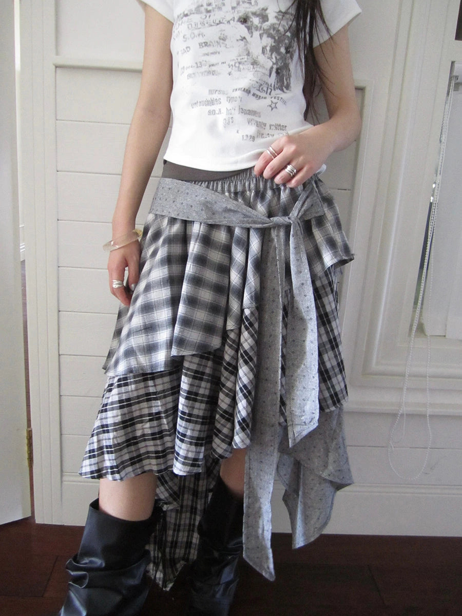 Vintage Plaid Skirt With Asymmetrical Hem And Elastic Waist