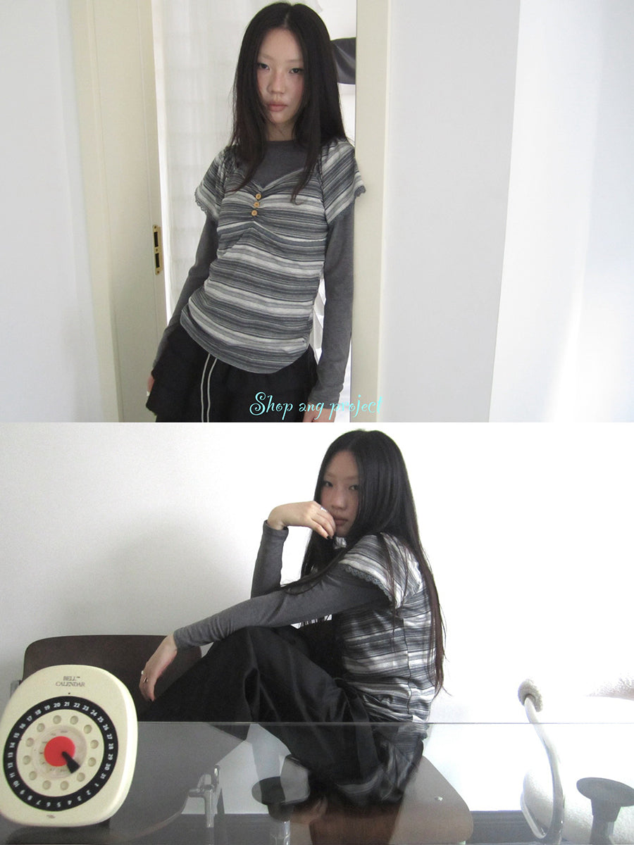 ang project Vintage Lace Trimmed V-Neck Button Detail Striped Summer Tee