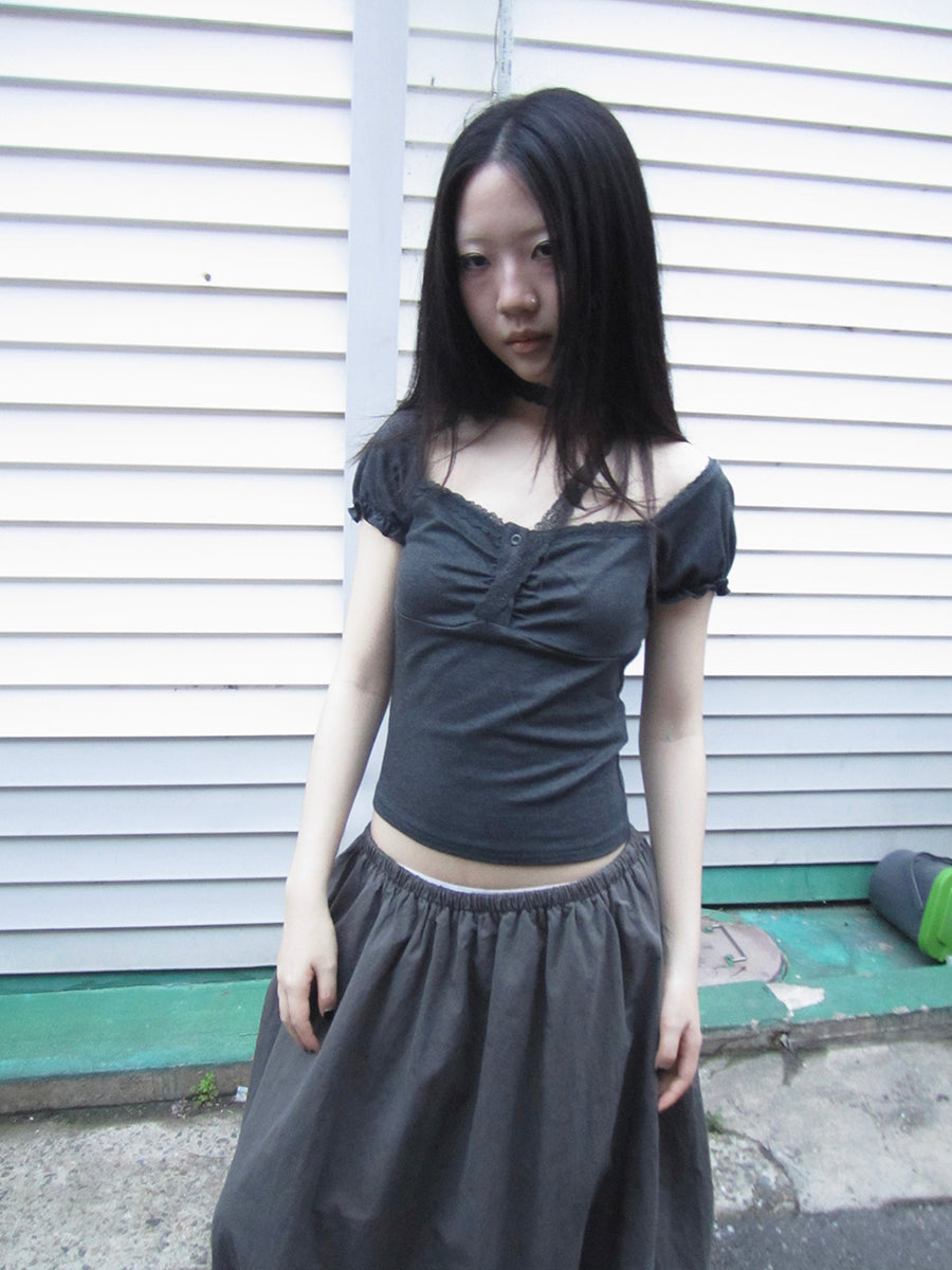 Updateang project Vintage Lace Trim Ruffled Button Detail Slim Fit Tee With Scarf