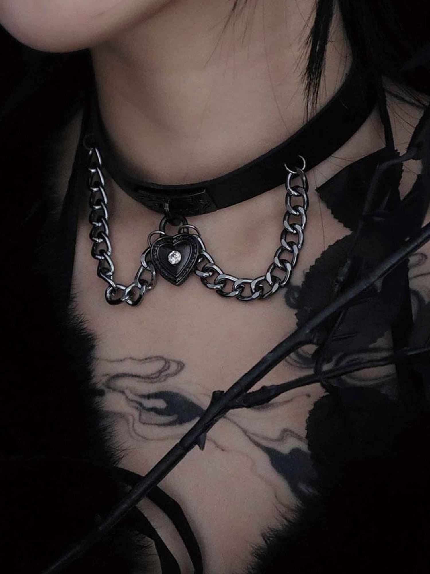 WSW WUSHENWU Dark Heart Punk Leather Choker Yabi Necklace