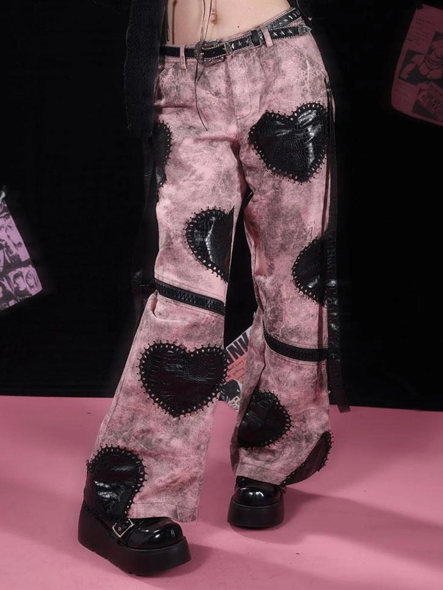 Dark Humor Punk Black Pink Loose Gothic Denim Pants