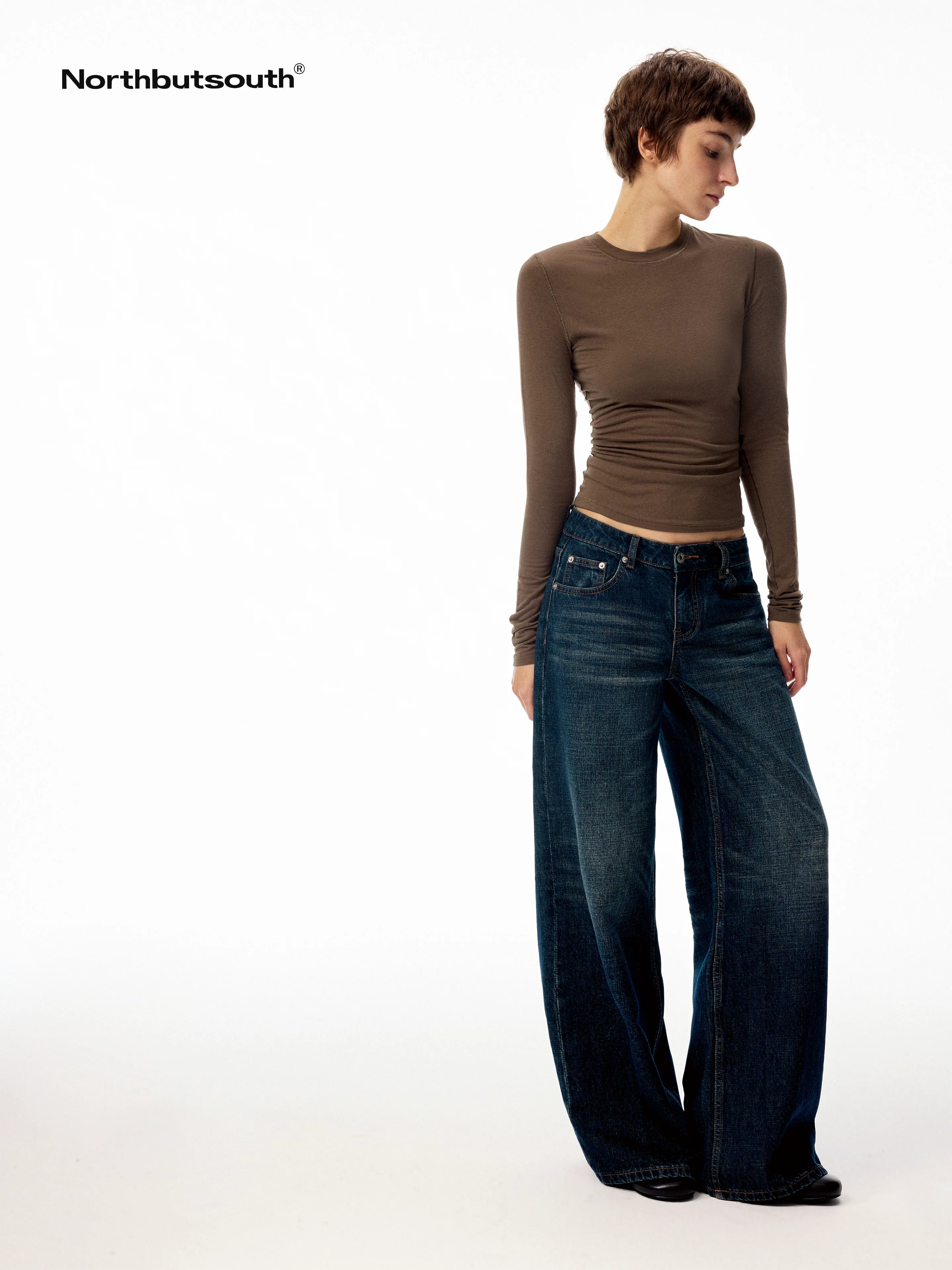 Dark Indigo Slub Texture Retro Low Rise Casual Women&