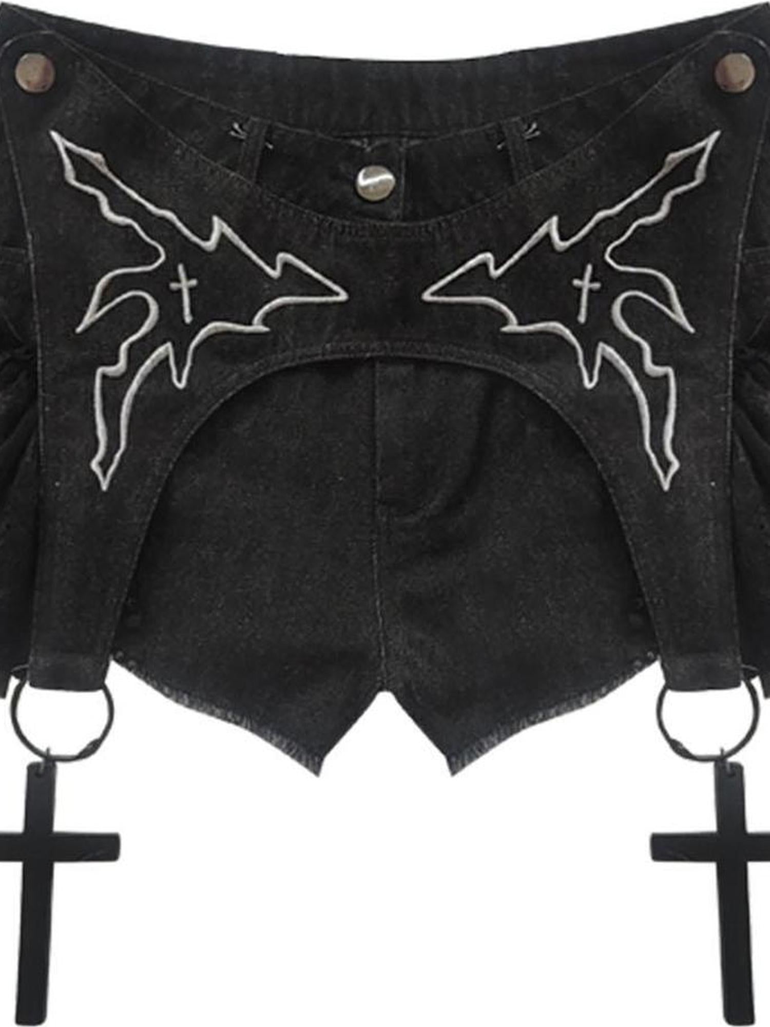 WSW WUSHENWU Dark Lace Denim Shorts Detachable Bow Cross