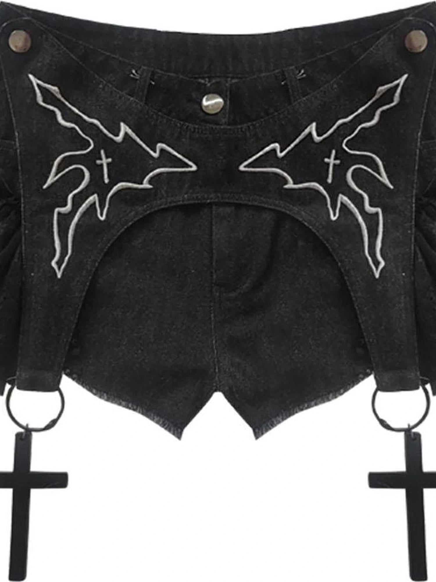 Dark Lace Denim Shorts Detachable Bow Cross