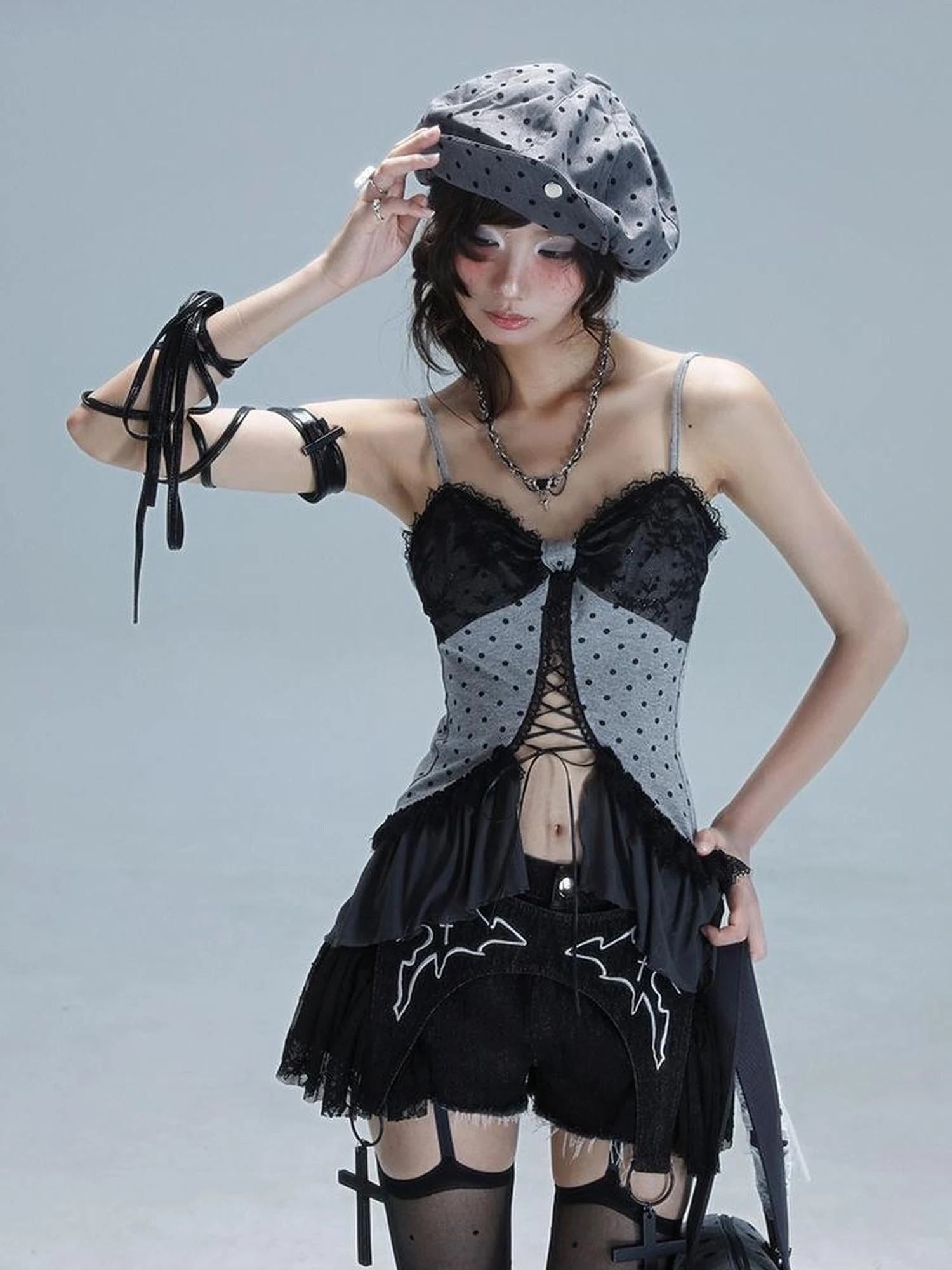 Dark Lace Denim Shorts Detachable Bow Cross