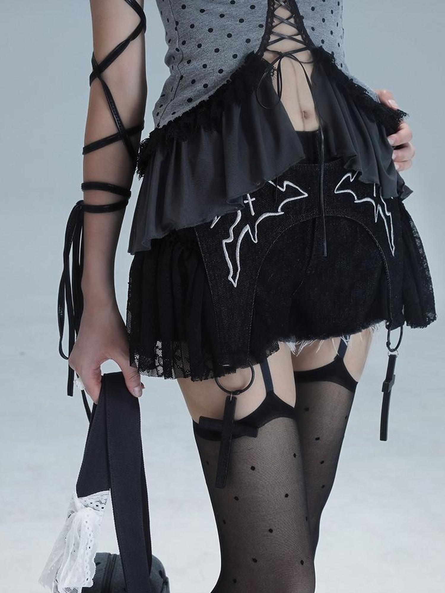 WSW WUSHENWU Dark Lace Denim Shorts Detachable Bow Cross