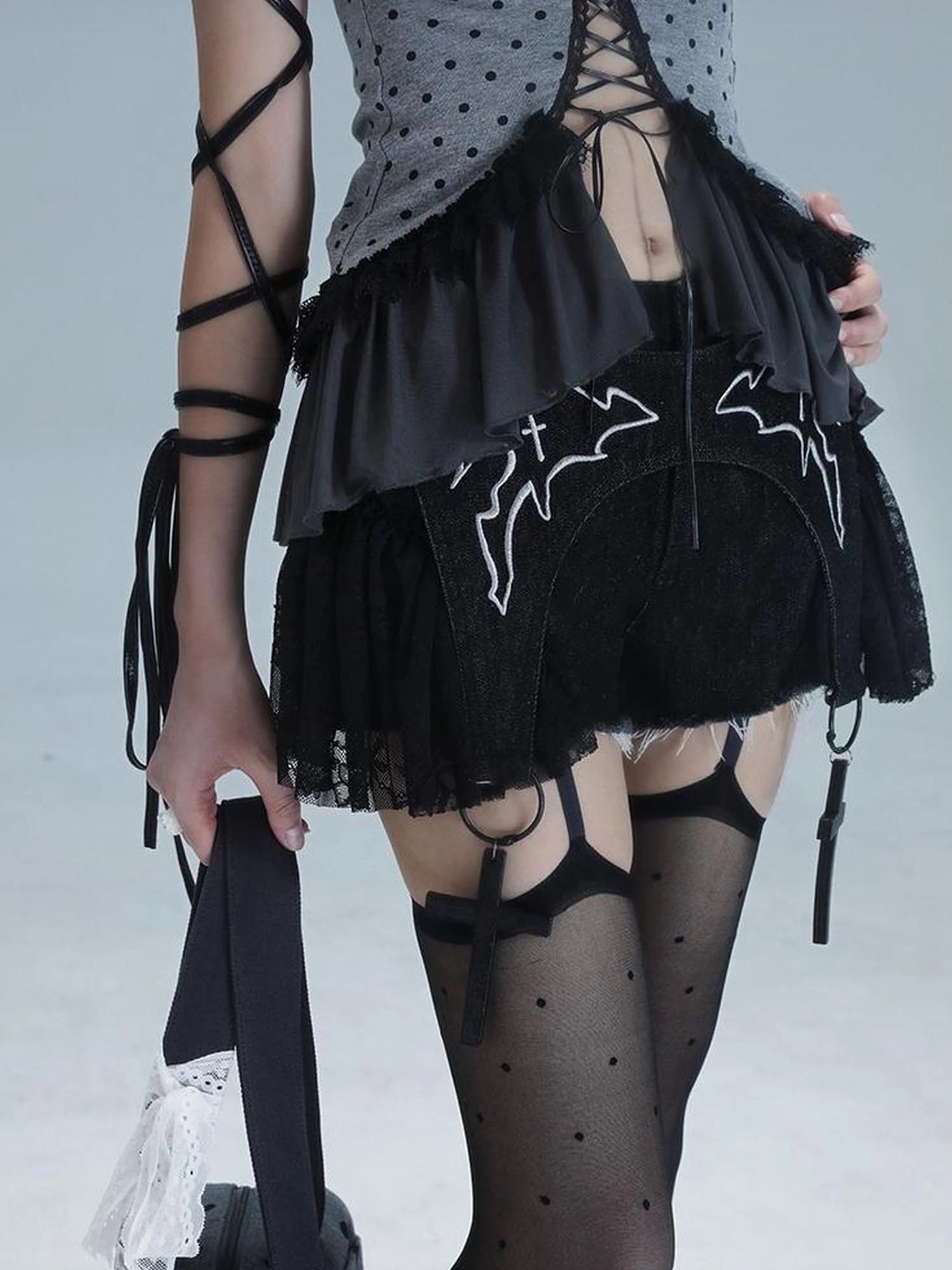 Dark Lace Denim Shorts Detachable Bow Cross