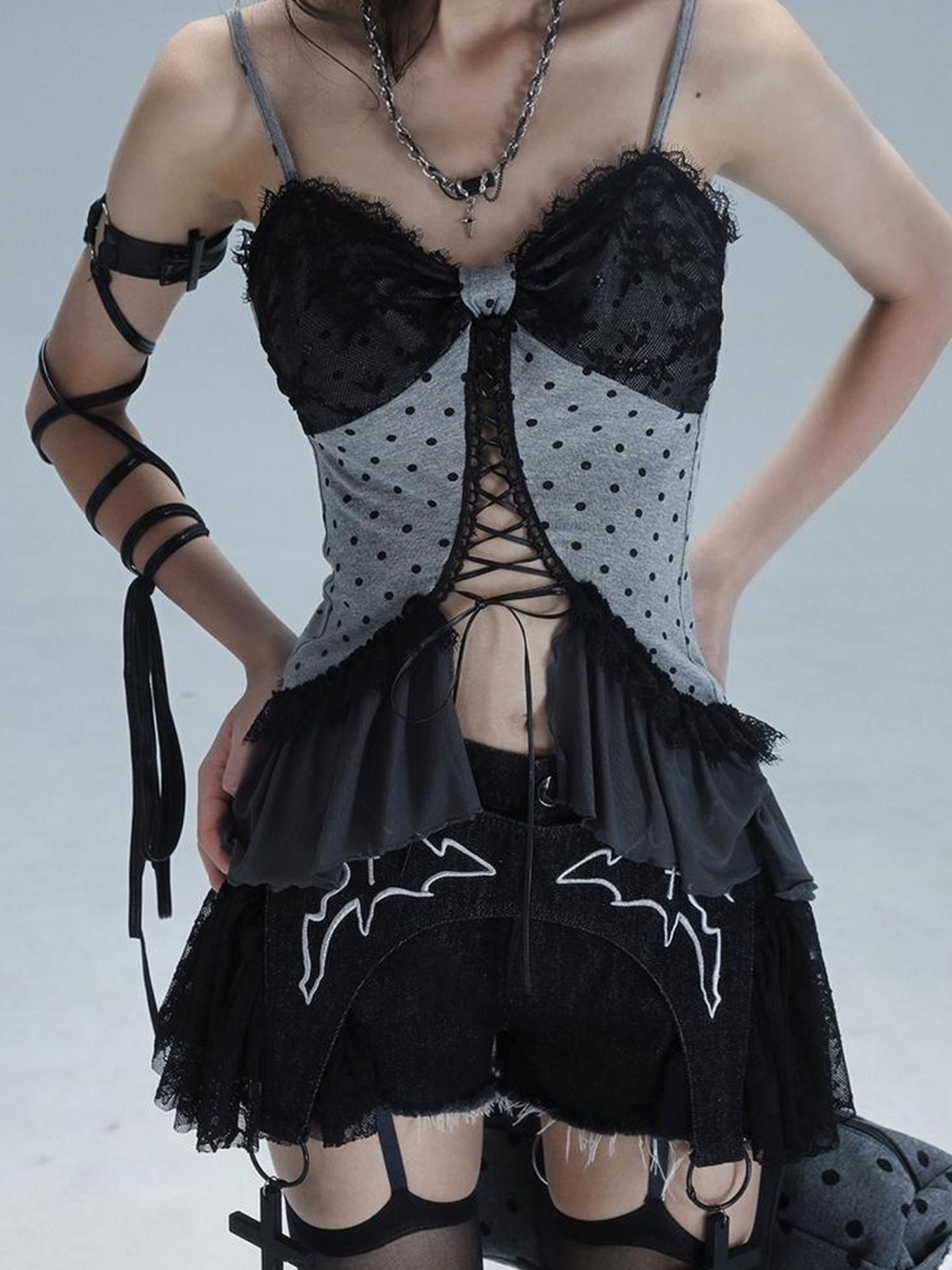 WSW WUSHENWU Dark Lace Denim Shorts Detachable Bow Cross
