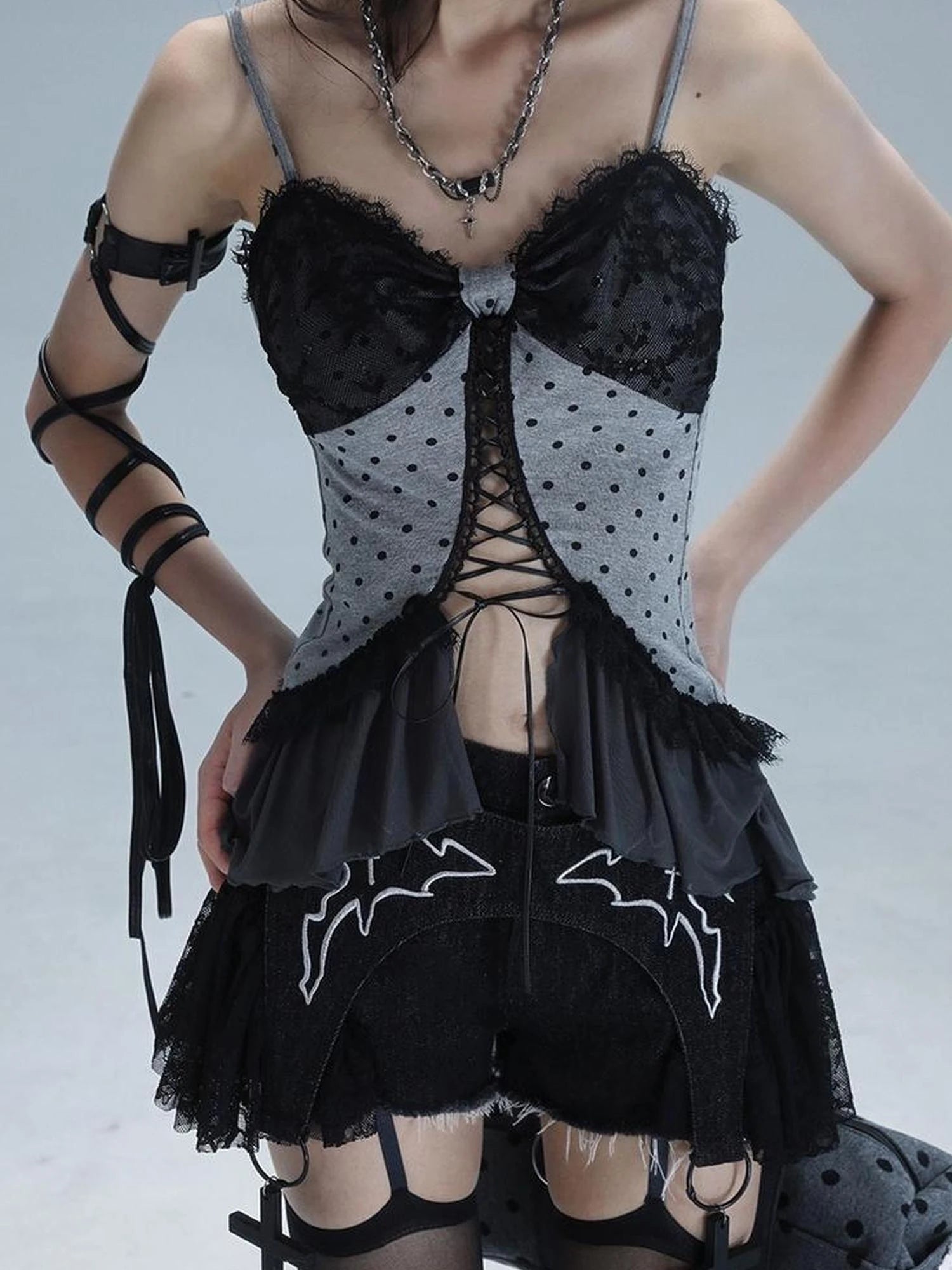 Dark Lace Denim Shorts Detachable Bow Cross