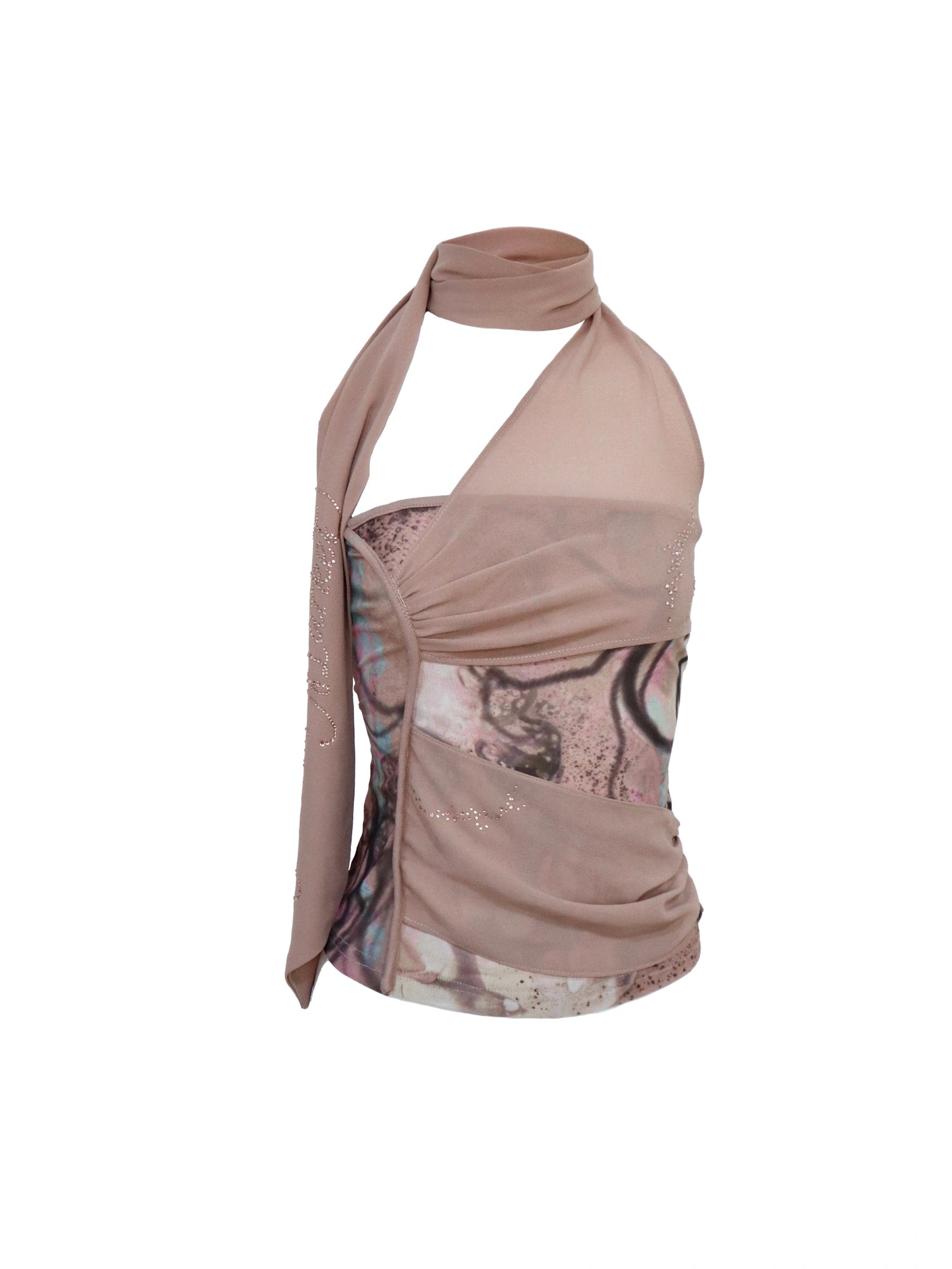 Flowy  Mesh Halter Top With Lace Trim